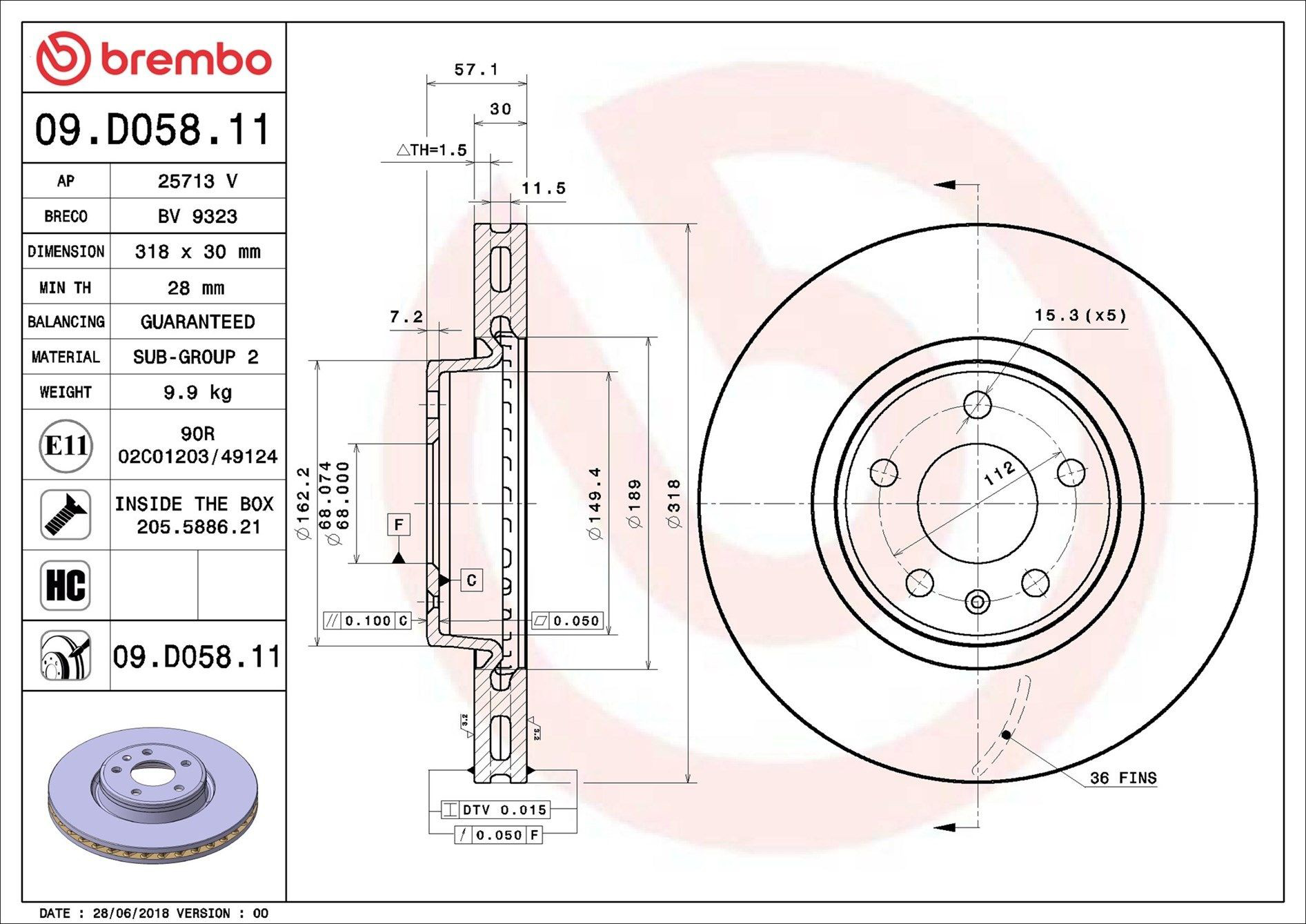 Диск переднього гальма Brembo 09D05811 ціна, від 102.09 USD