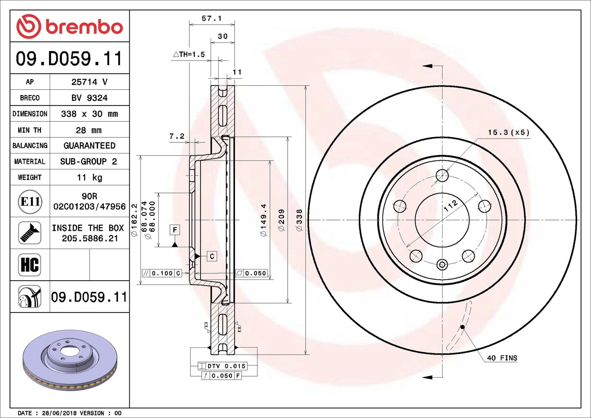 Диск гальмівний передній Brembo 09D05911