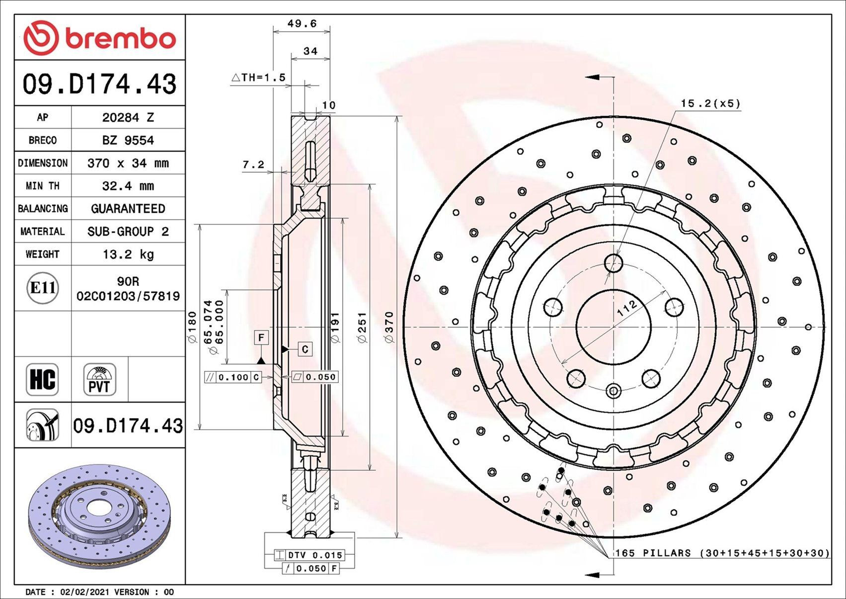 Диск переднього гальма Brembo 09D17443 ціна, від 439.57 USD