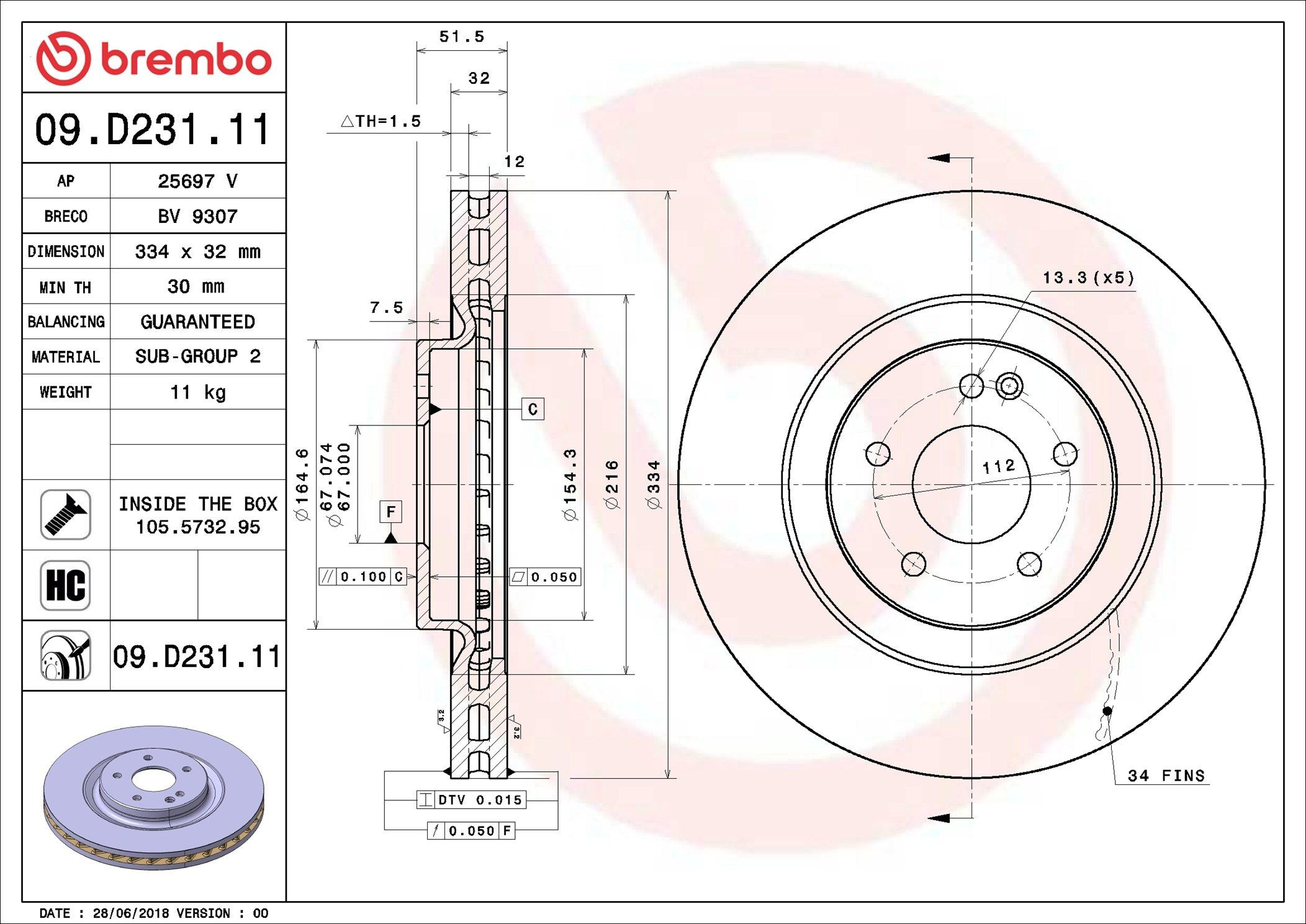 Купити 09D23111 Brembo Ротор гальмівний