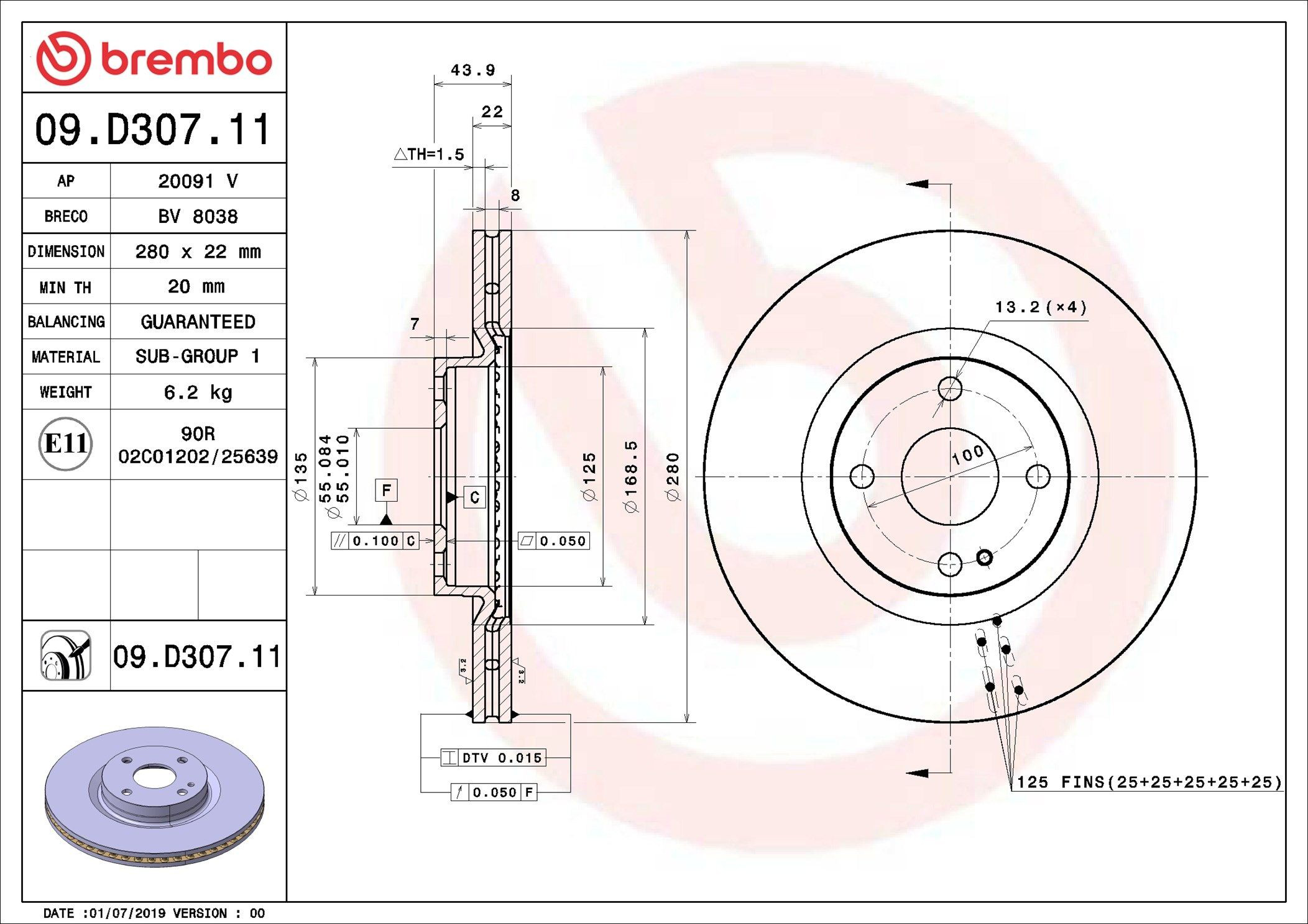 Диск переднього гальма Brembo 09D30711 ціна, від 42.25 USD