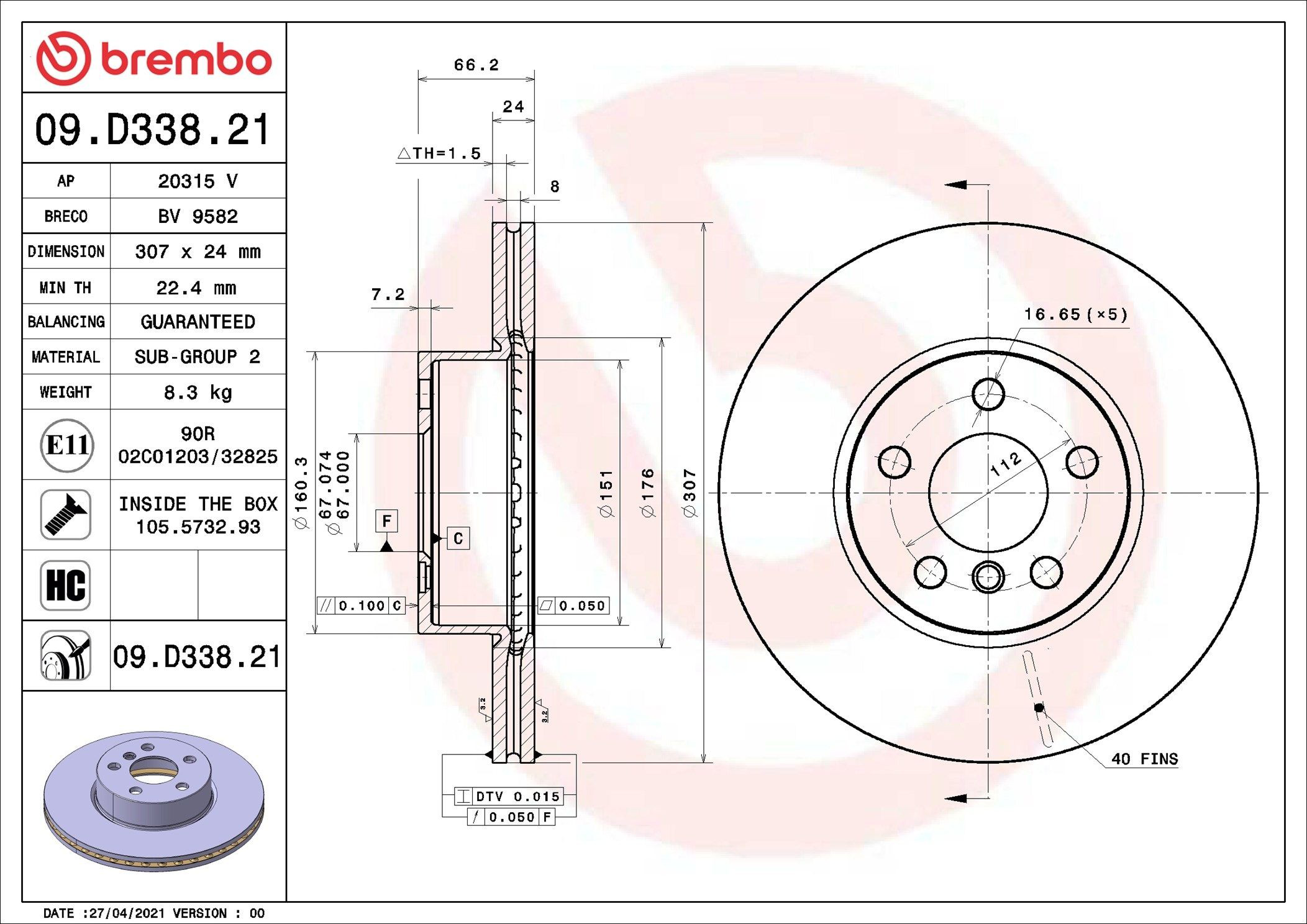 Диск переднього гальма Brembo 09D33821 ціна, від 92.93 USD