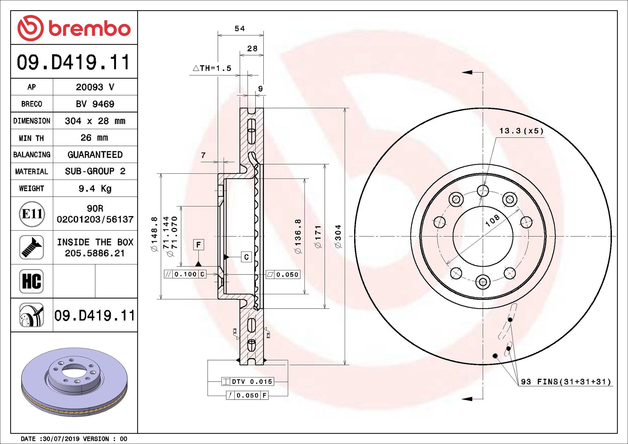 Диск переднього гальма Brembo 09D41911 ціна, від 75.06 USD