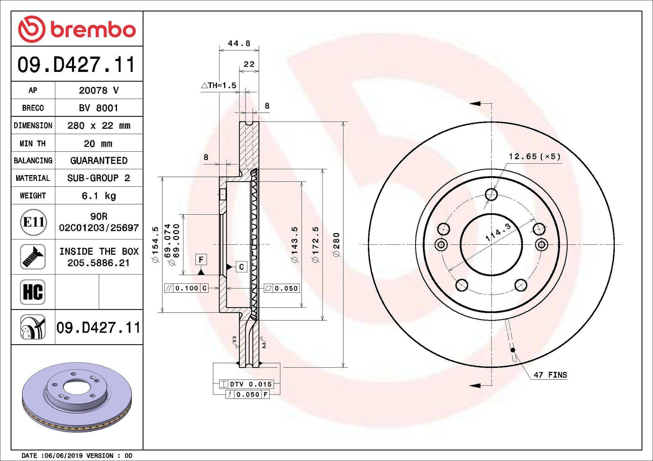 Диск переднього гальма Brembo 09D42711 ціна, від 46.57 USD