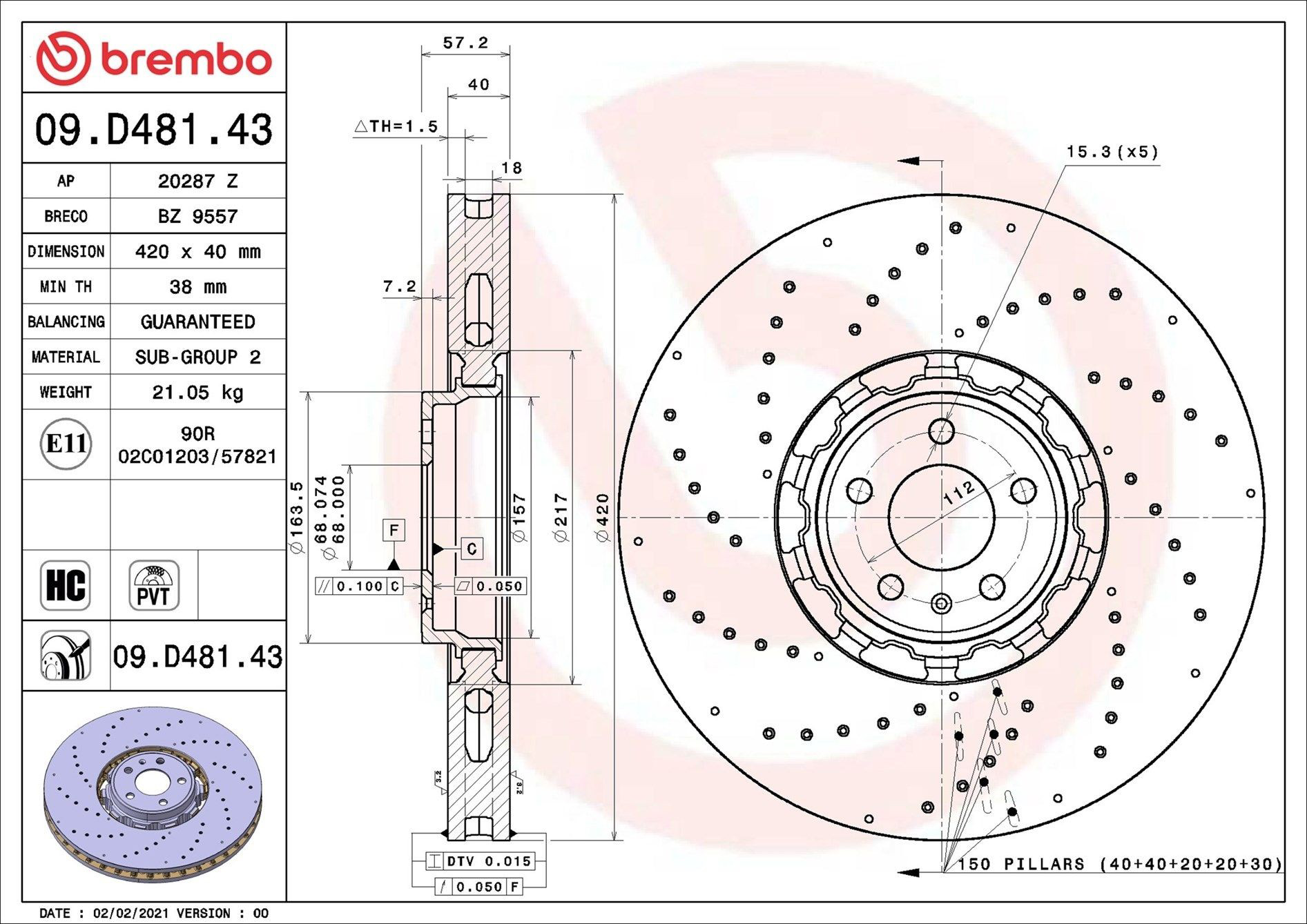 Диск переднього гальма Brembo 09D48143 ціна, від 575.36 USD