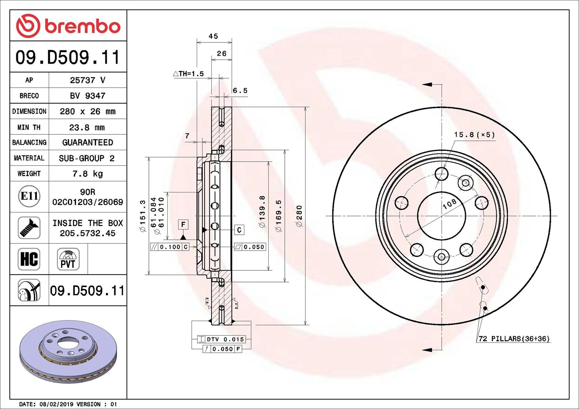 Диск переднього гальма Brembo 09D50911 ціна, від 62.19 USD
