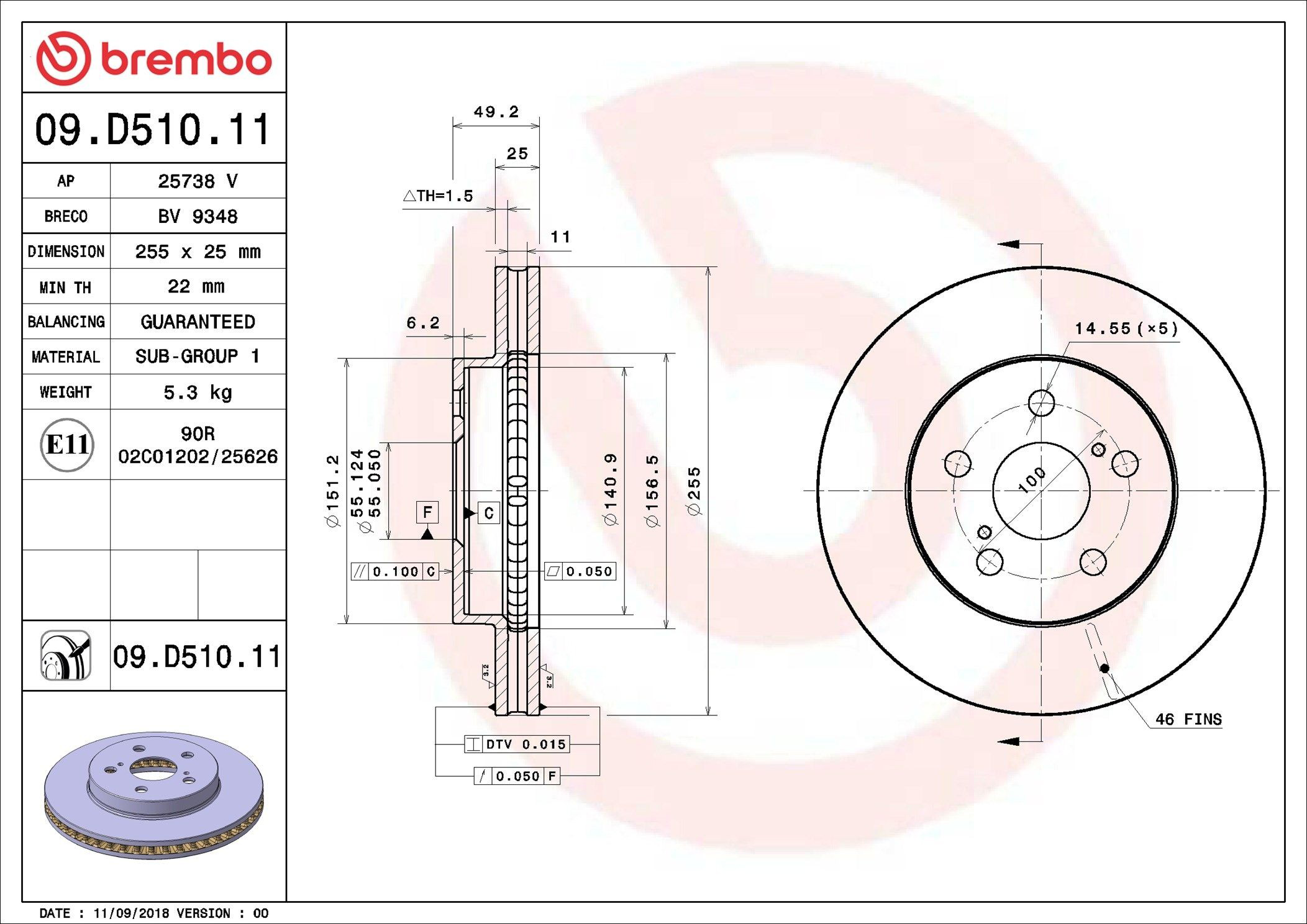 Диск переднього гальма Brembo 09D51011 ціна, від 44.23 USD