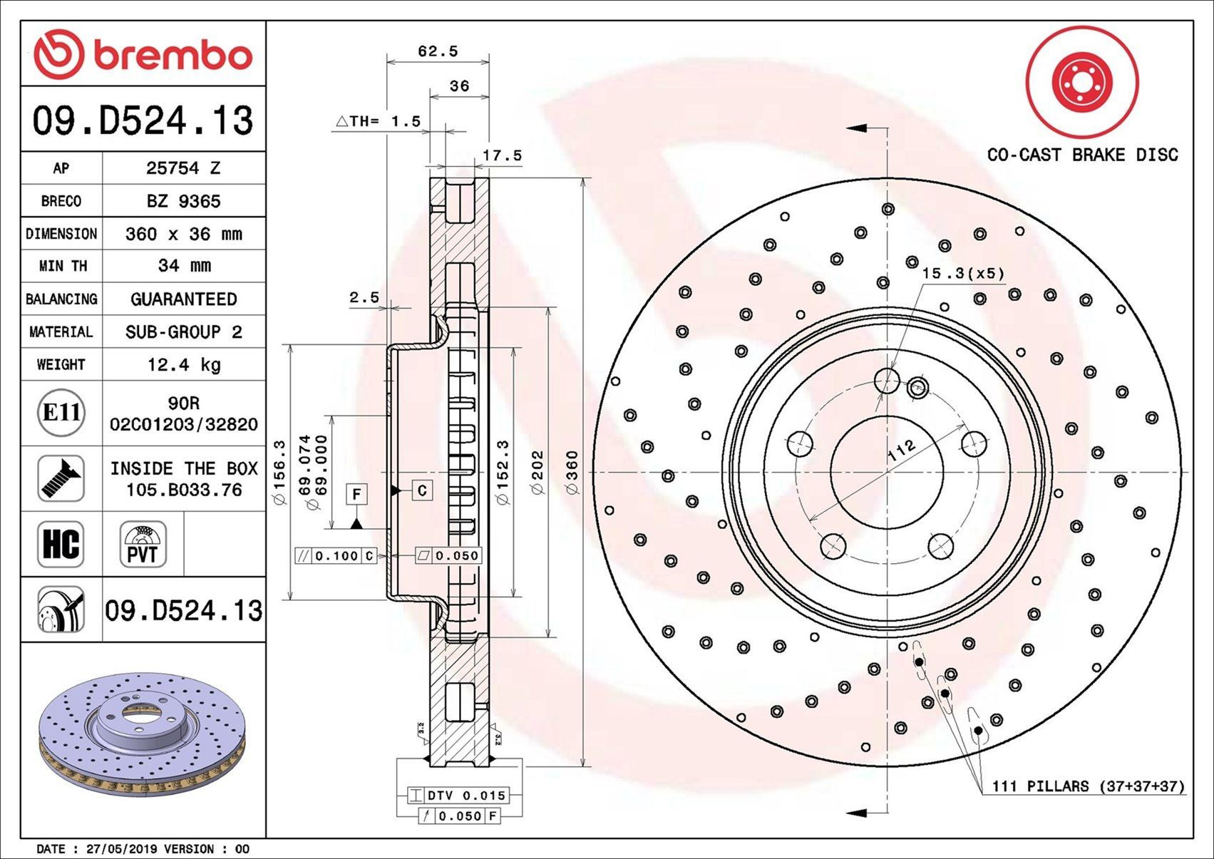 Диск переднього гальма Brembo 09D52413 ціна, від 197.03 USD