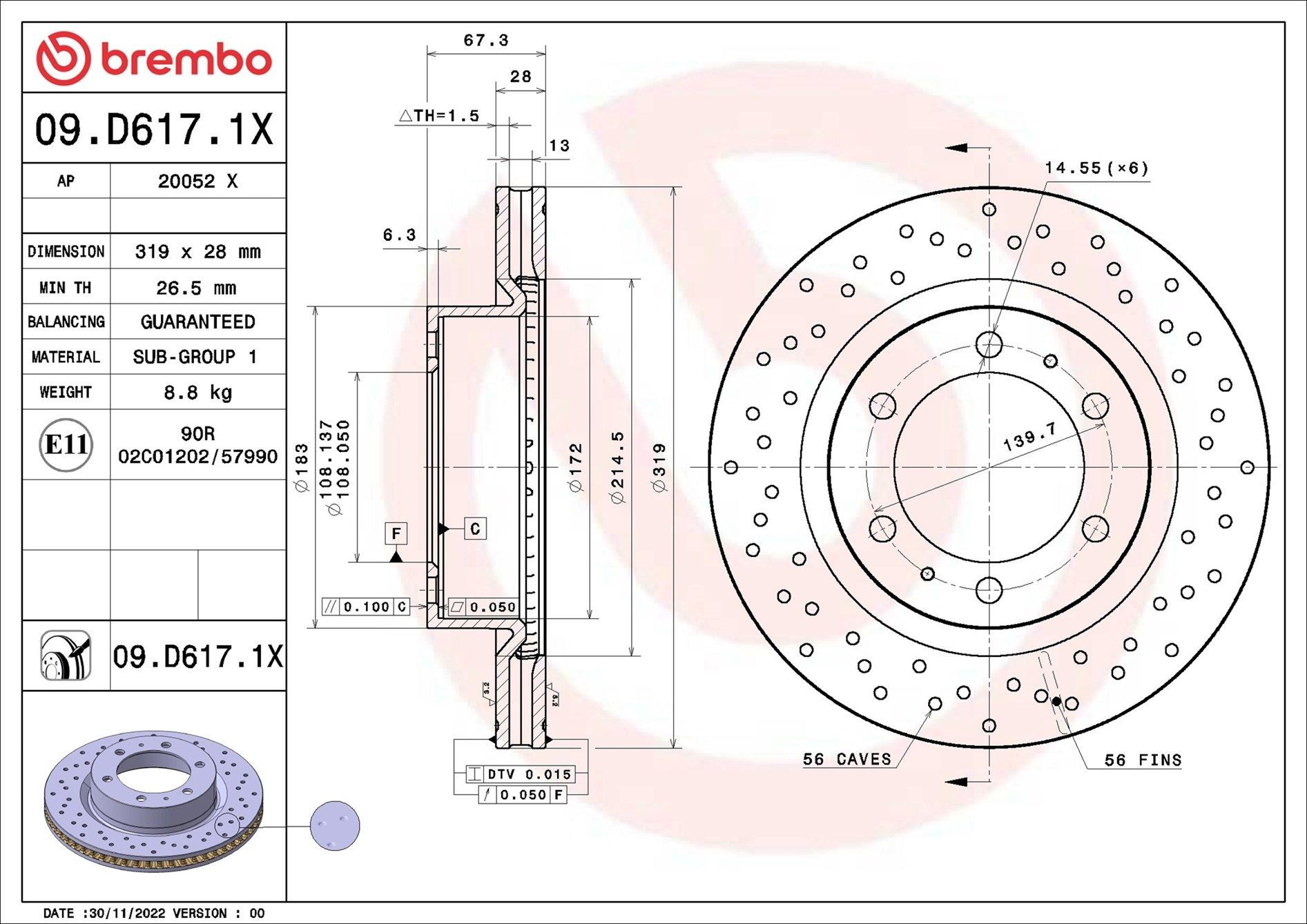 Диск переднього гальма Brembo 09D6171X ціна, від 71.39 USD