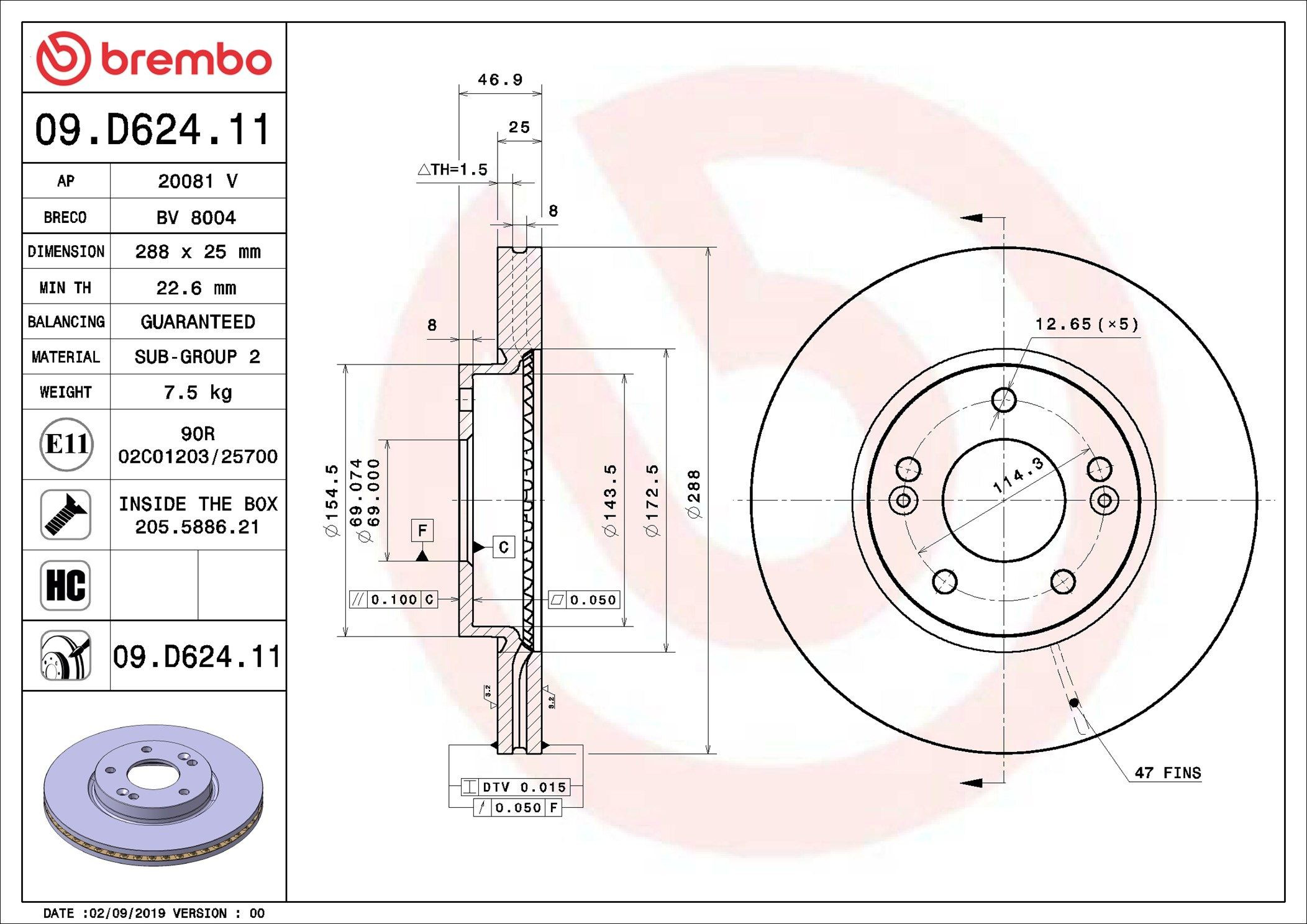 Диск переднього гальма Brembo 09D62411 ціна, від 72.96 USD