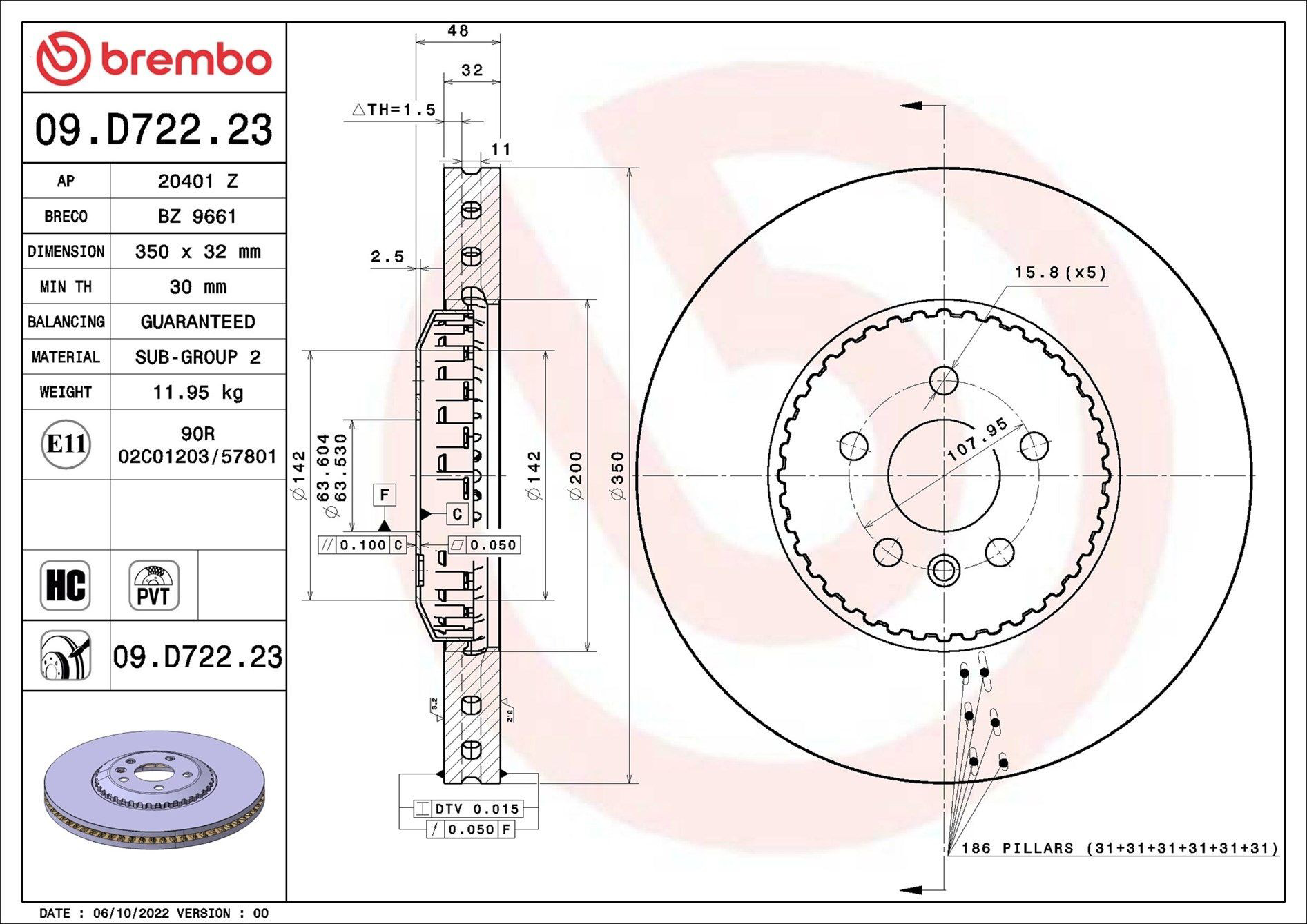 Диск переднього гальма Brembo 09D72223 ціна, від 206.44 USD