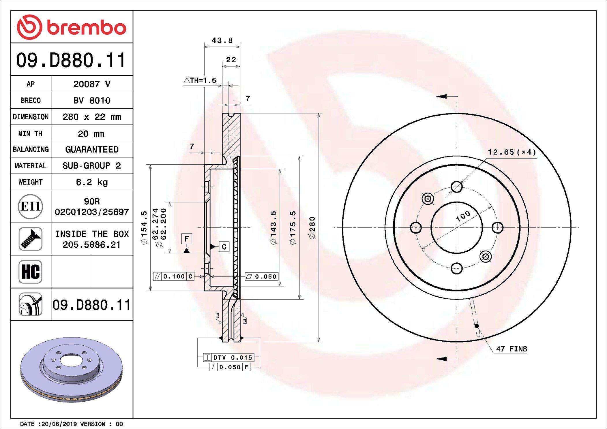 Диск переднього гальма Brembo 09D88011 ціна, від 66.96 USD