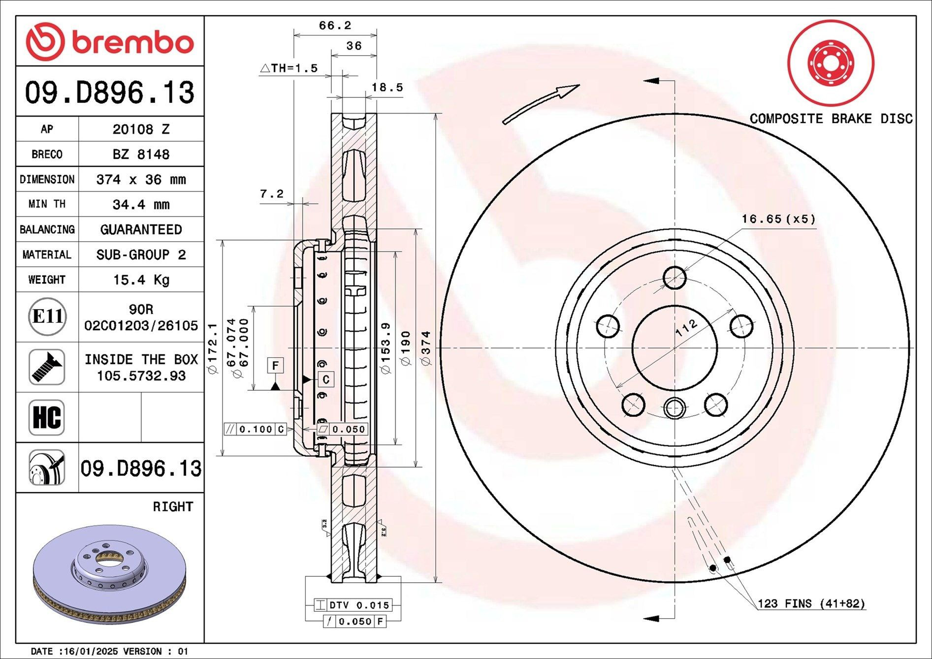 Диск переднього гальма Brembo 09D89613 ціна, від 282.58 USD
