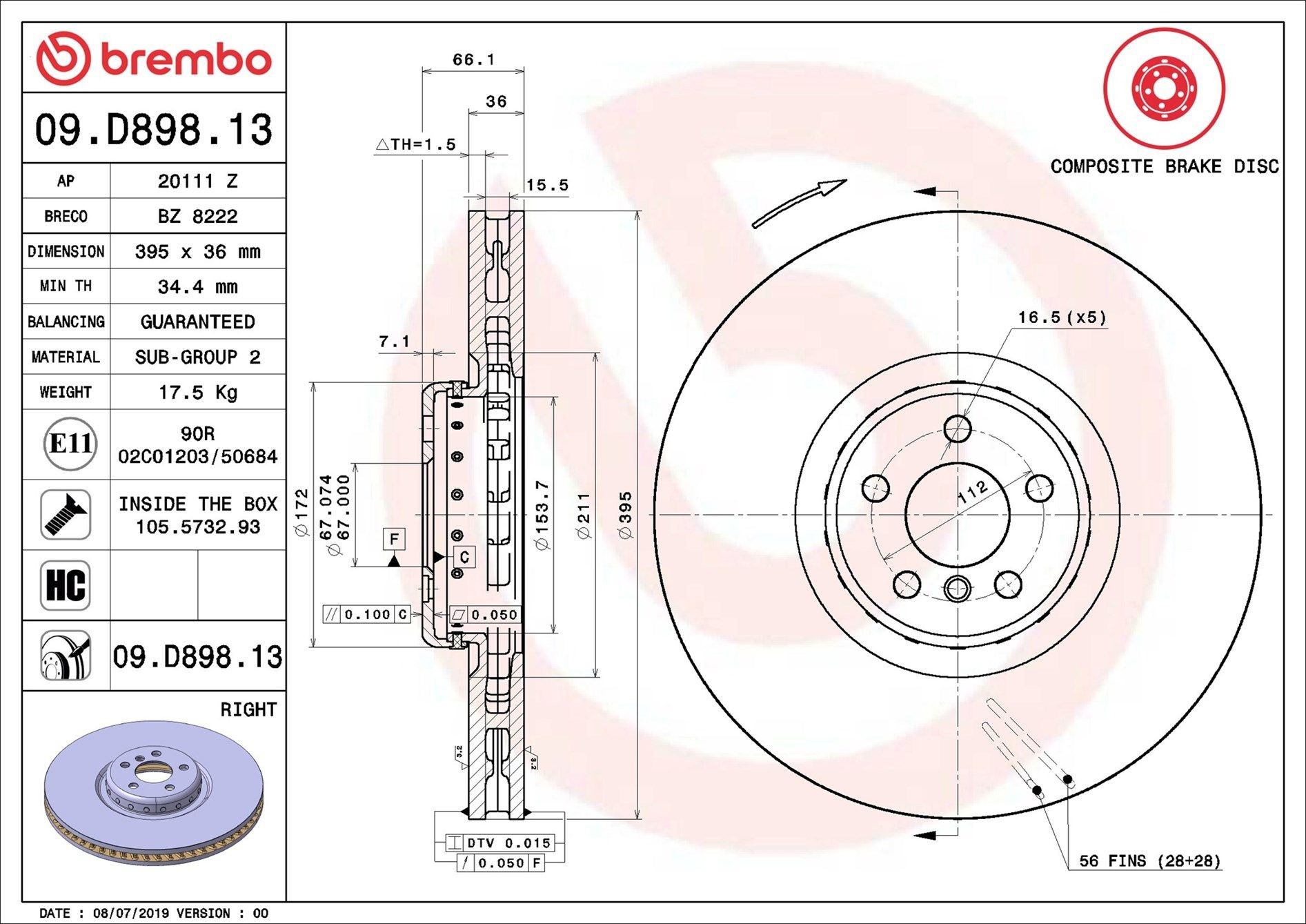 Диск переднього гальма Brembo 09D89813 ціна, від 318.03 USD