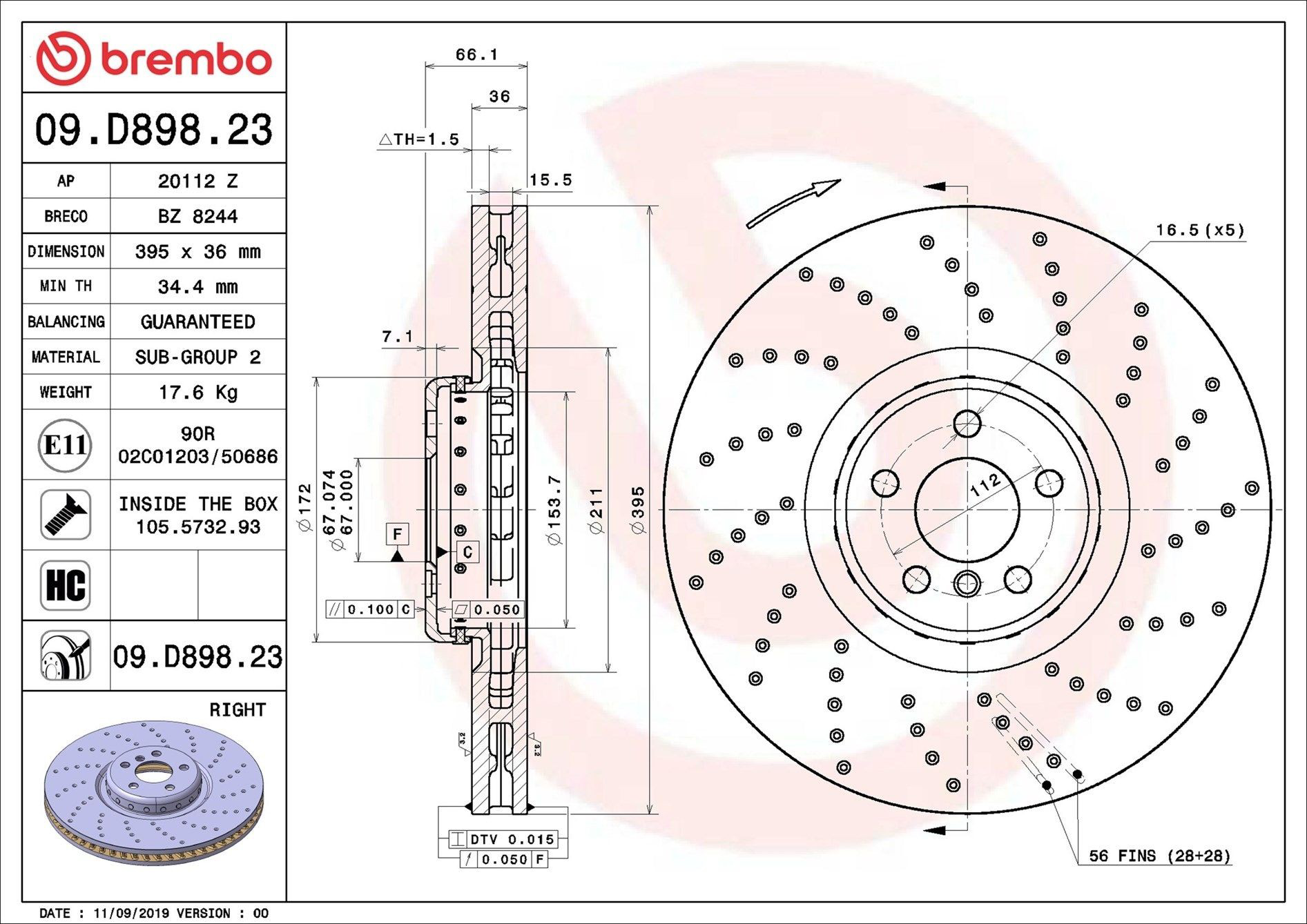 Диск переднього гальма Brembo 09D89823 ціна, від 363.47 USD