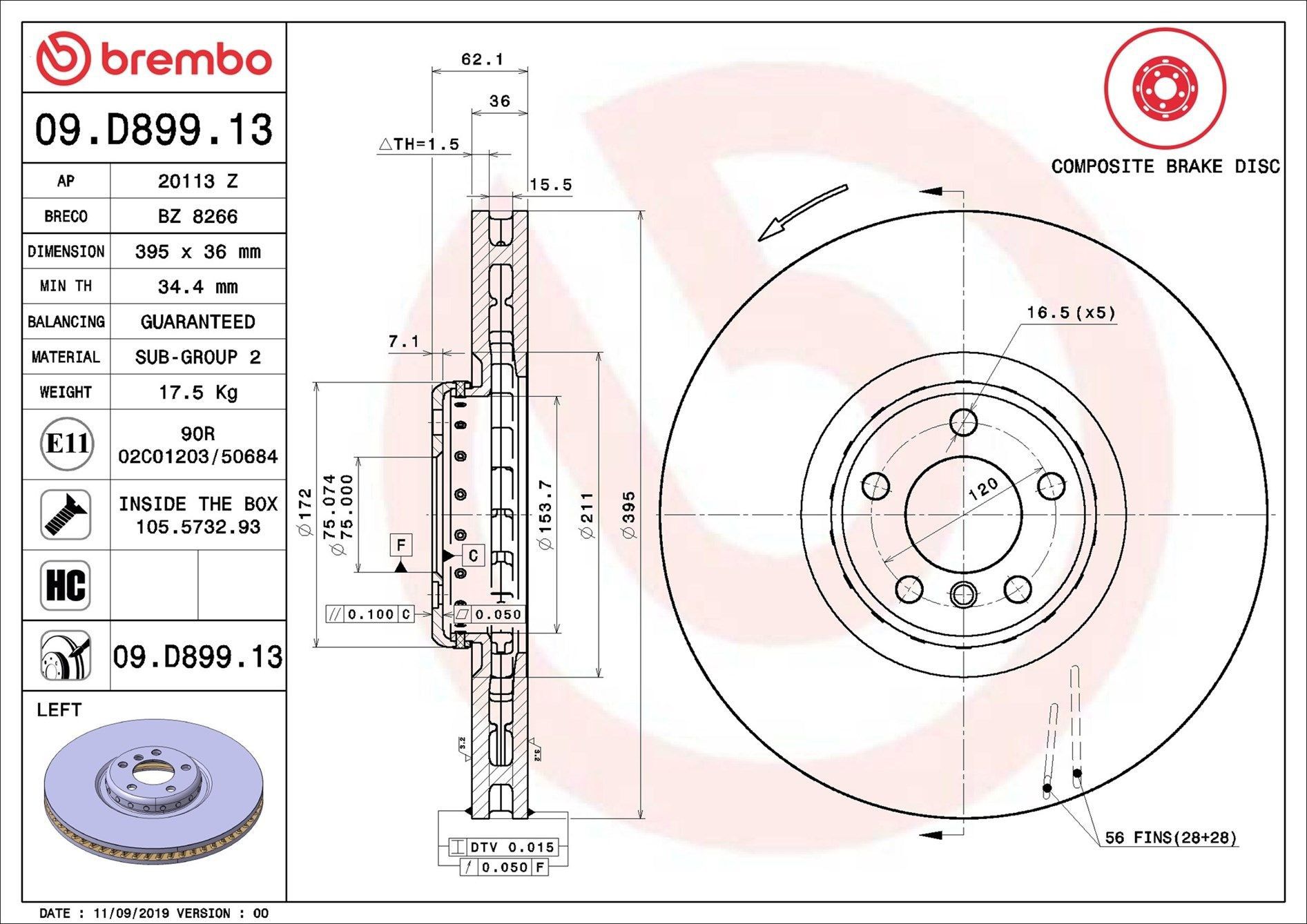 Диск переднього гальма Brembo 09D89913 ціна, від 310.20 USD