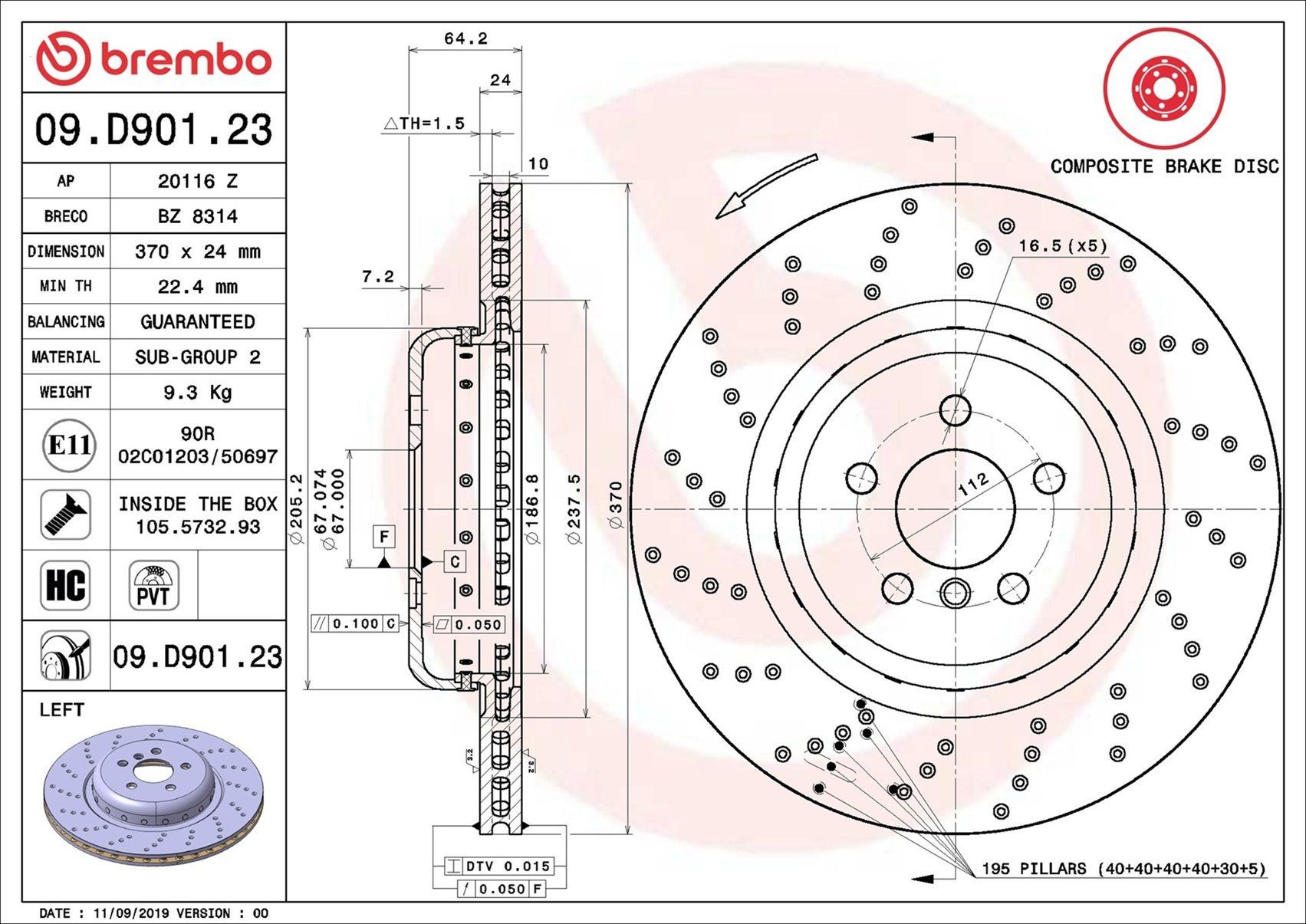 Купити 09D90123 Brembo Диск заднього гальма