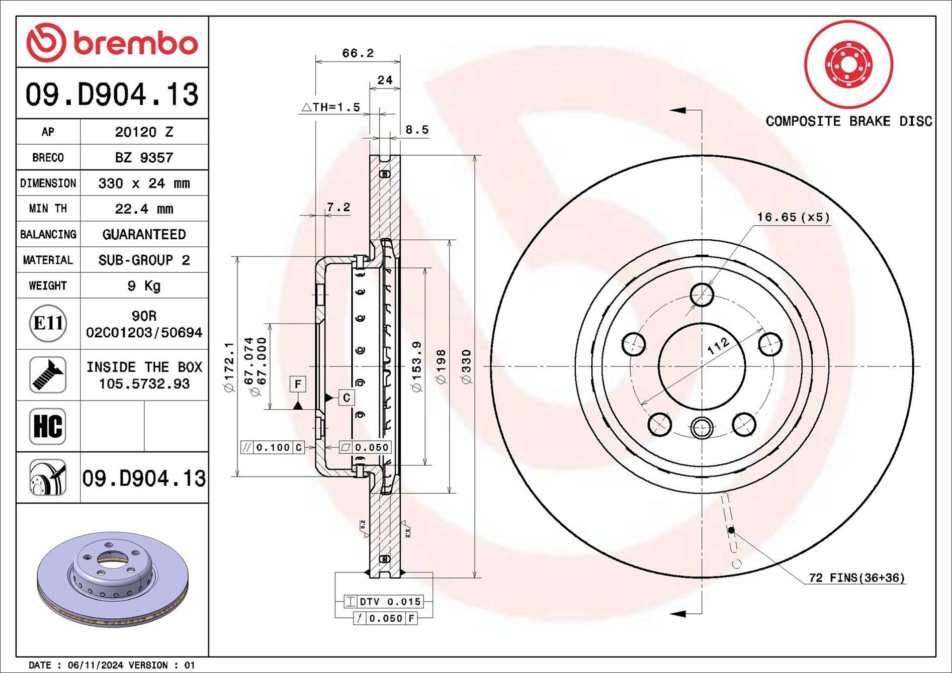 Диск переднього гальма Brembo 09D90413 ціна, від 171.32 USD
