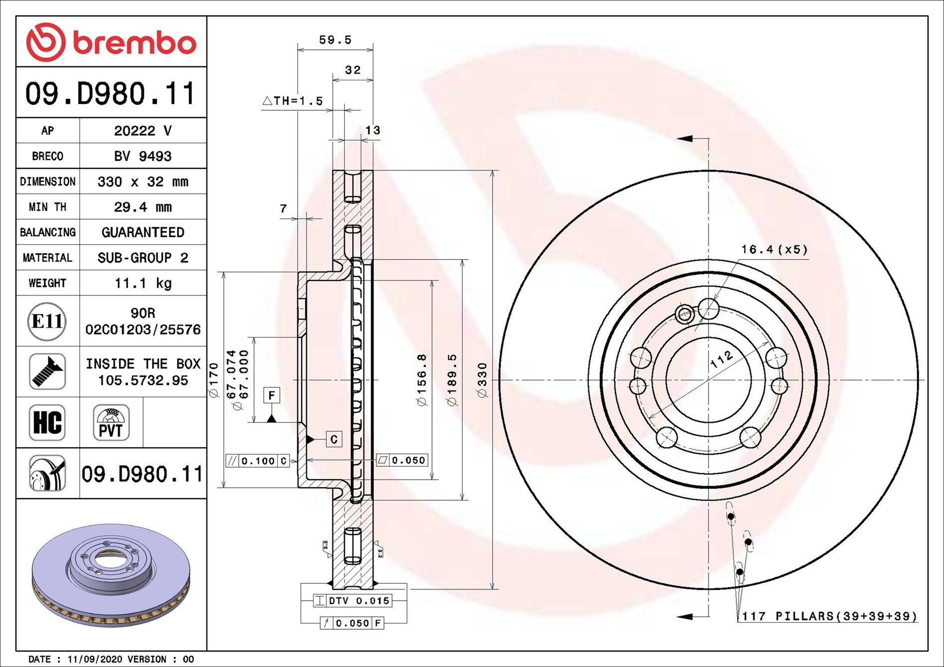 Диск переднього гальма Brembo 09D98011 ціна, від 114.75 USD