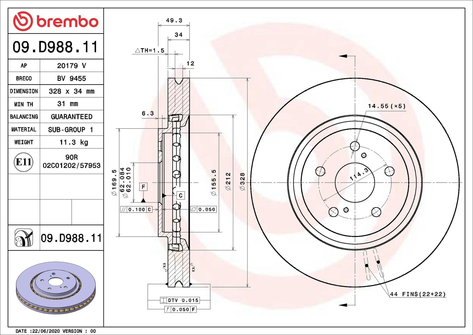 Диск переднього гальма Brembo 09D98811 ціна, від 90.58 USD