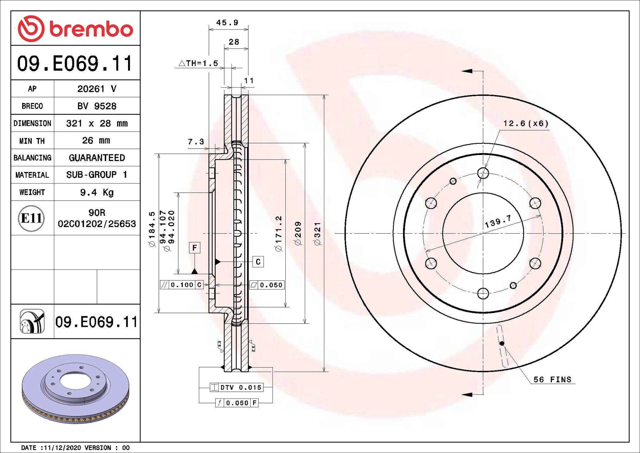 Купити 09E06911 Brembo Ротор гальмівний