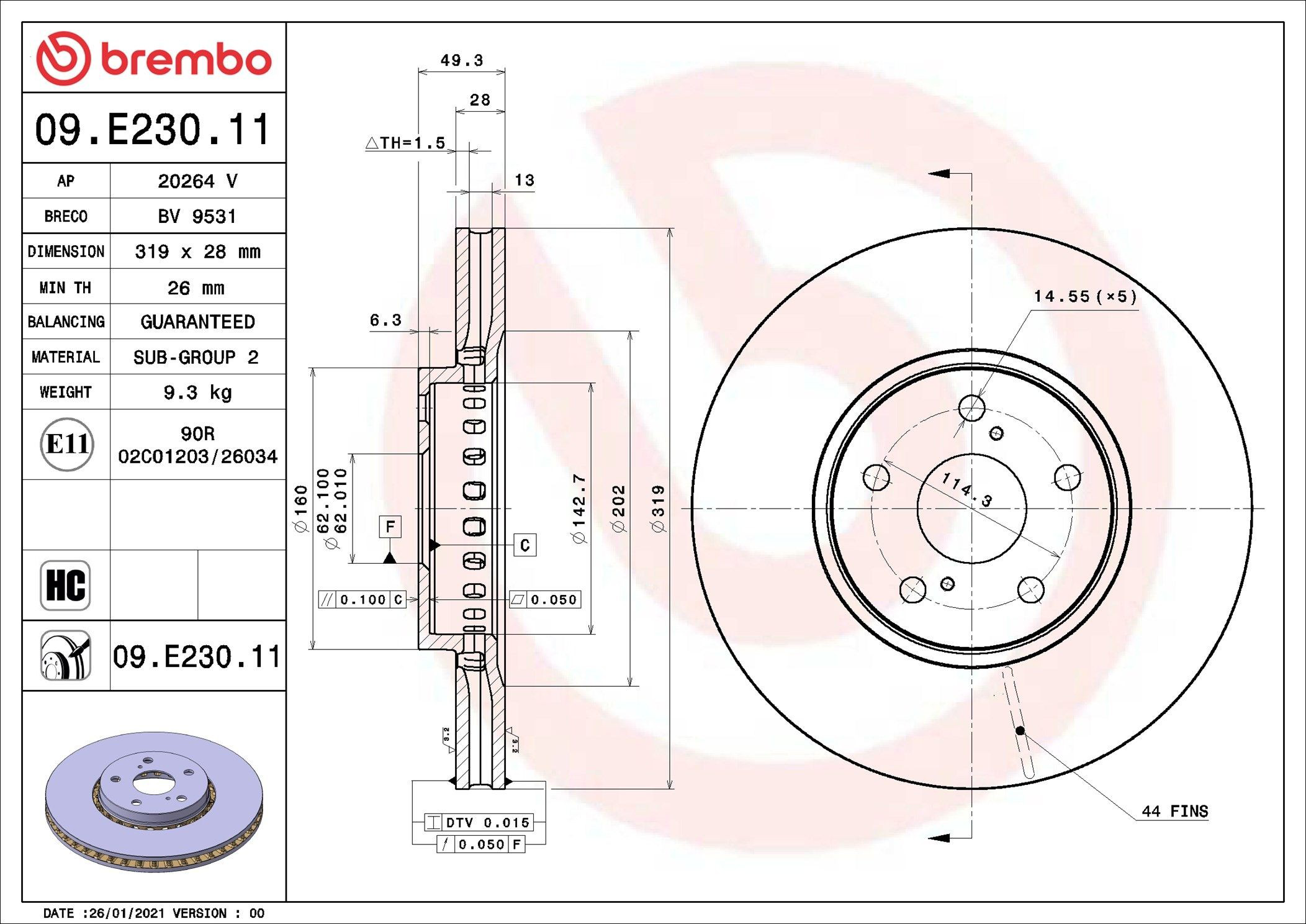 Диск переднього гальма Brembo 09E23011 ціна, від 53.49 USD
