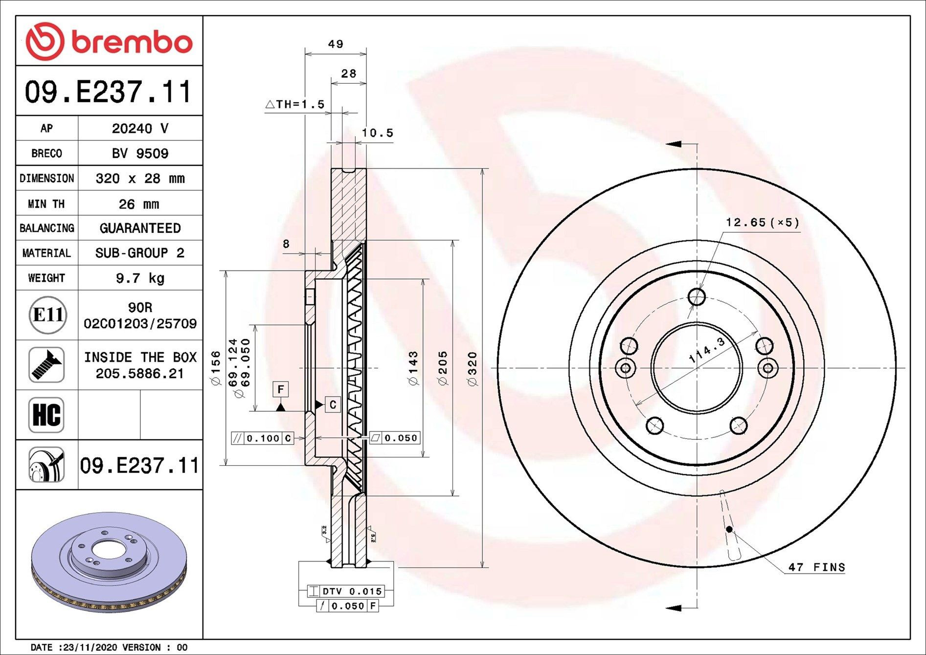 Диск переднього гальма Brembo 09E23711 ціна, від 115.58 USD