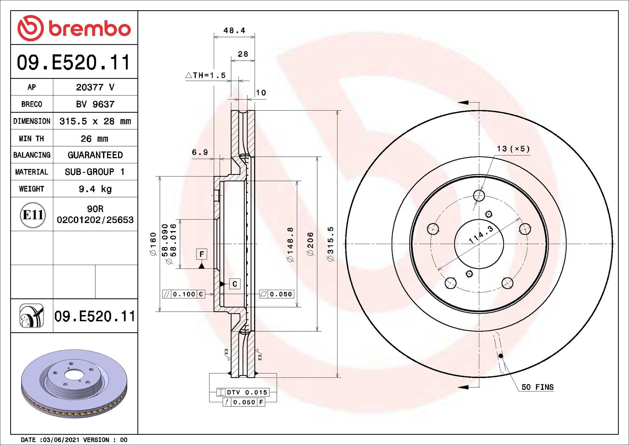 Диск переднього гальма Brembo 09E52011 ціна, від 106.60 USD