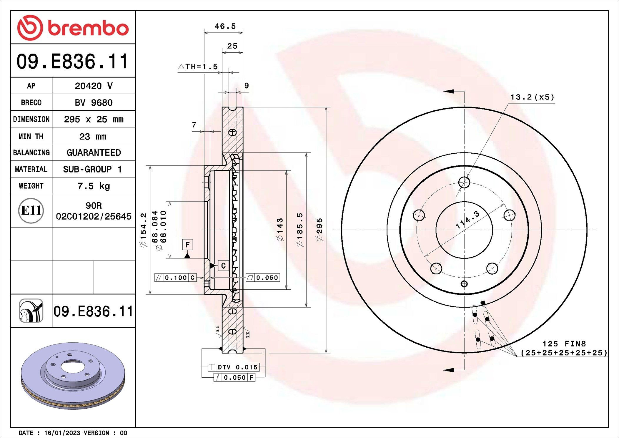Диск переднього гальма Brembo 09E83611 ціна, від 66.94 USD