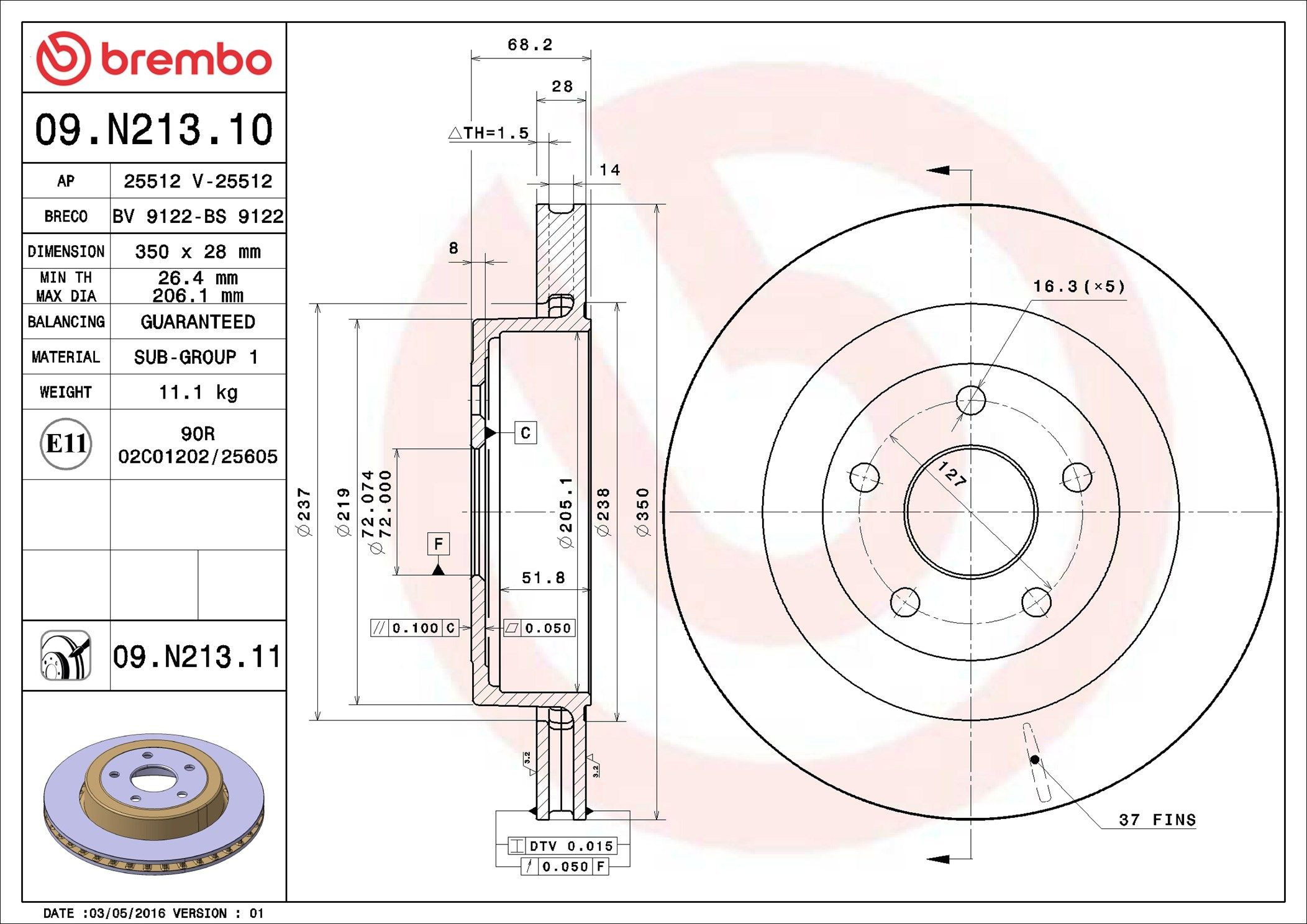Купити 09N21311 Brembo Диск заднього гальма