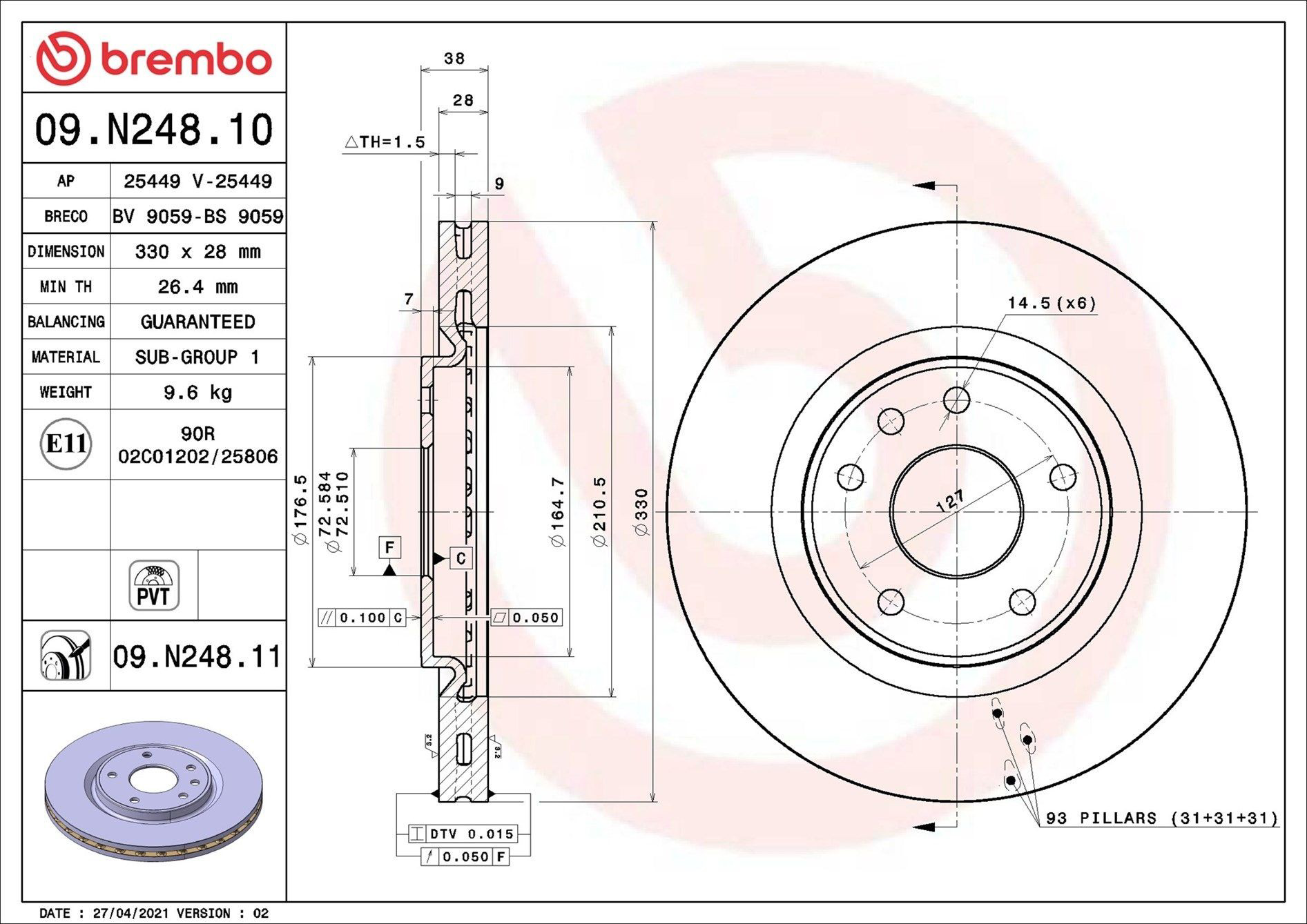 Диск переднього гальма Brembo 09N24811 ціна, від 98.17 USD