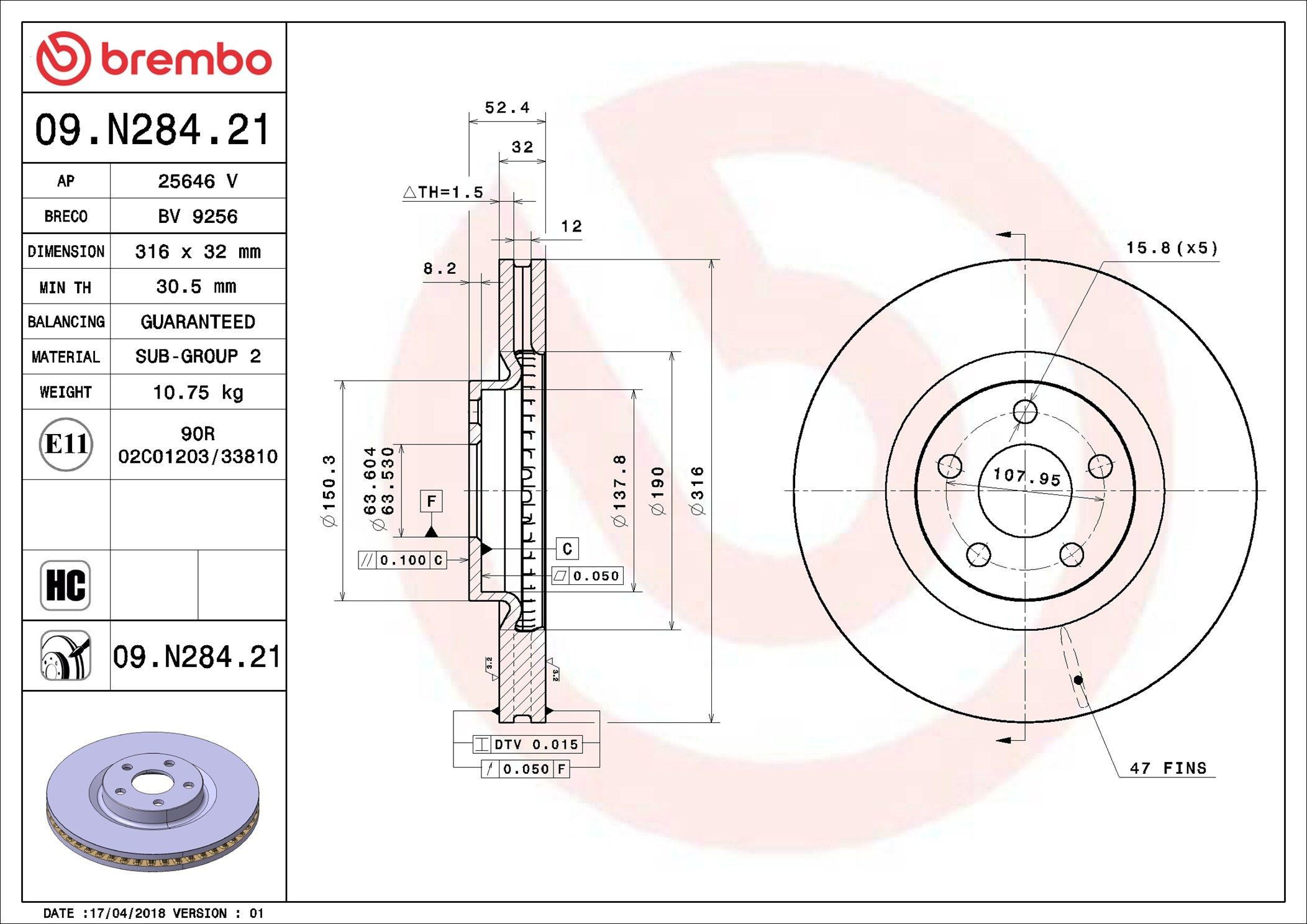 Диск переднього гальма Brembo 09N28421 ціна, від 80.52 USD