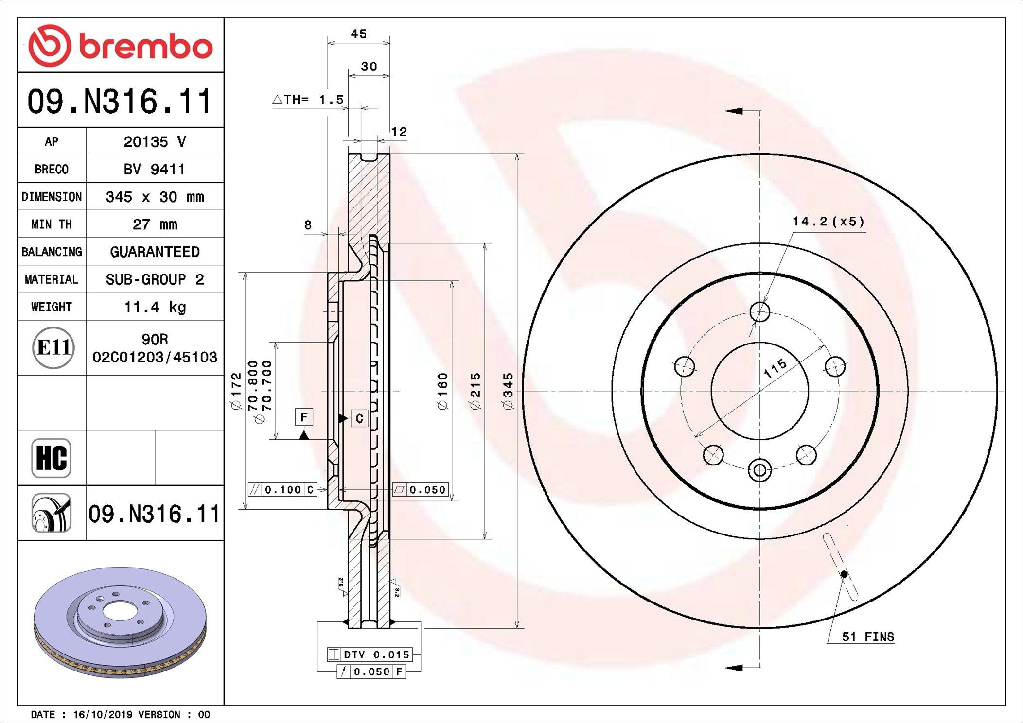 Купити 09N31611 Brembo Ротор гальмівний