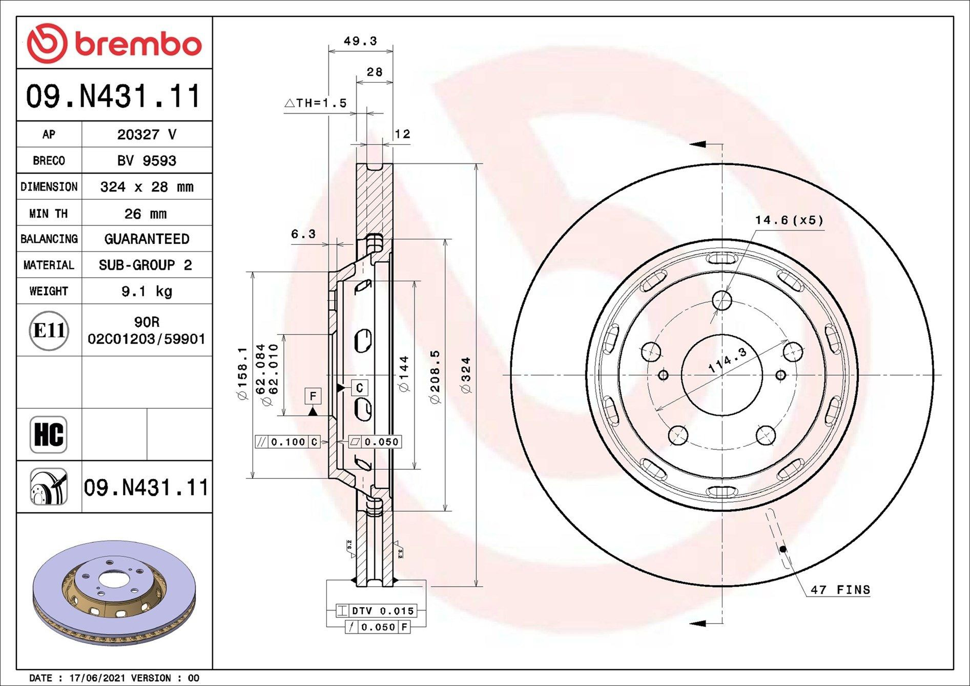 Диск переднього гальма Brembo 09N43111 ціна, від 106.02 USD