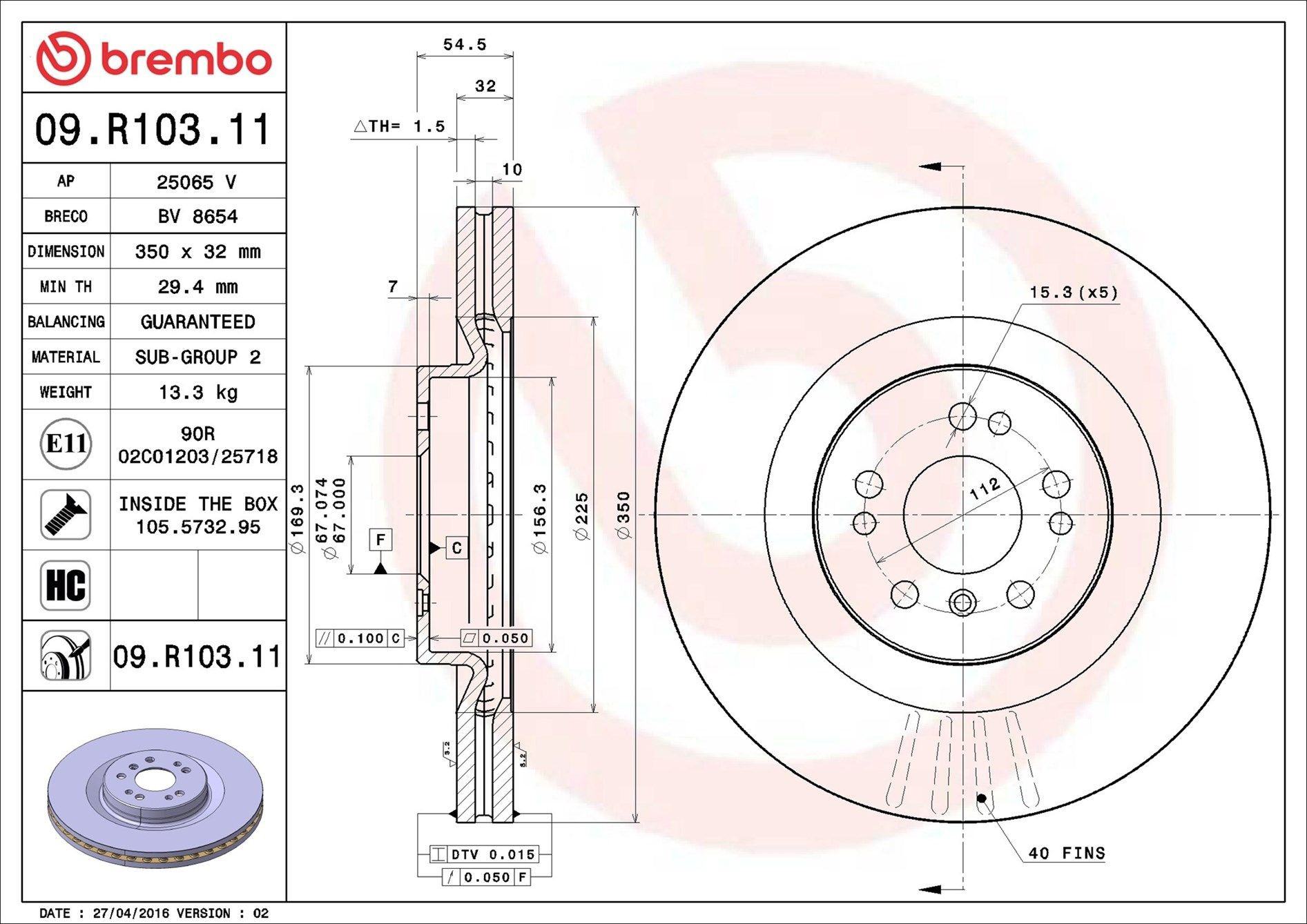 Диск гальмівний передній Brembo 09R10311
