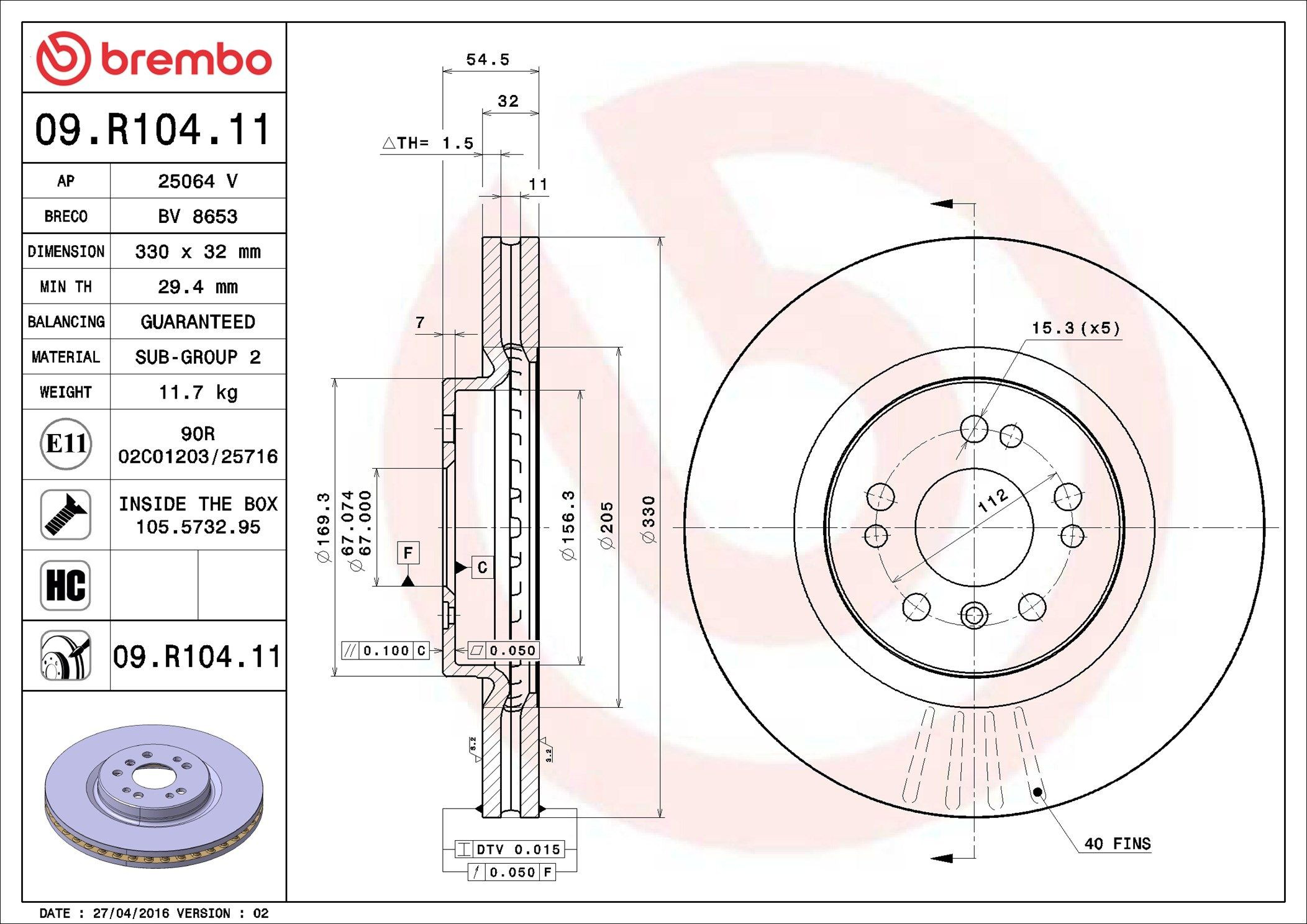 Диск переднього гальма Brembo 09R10411 ціна, від 91.51 USD