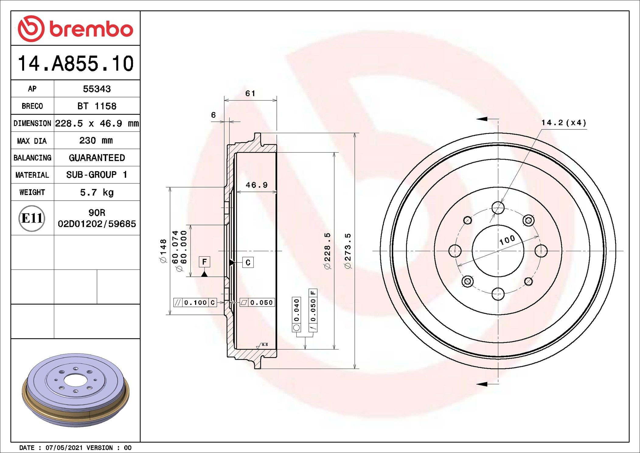 Барабан гальмівний задній 14A85510 Brembo