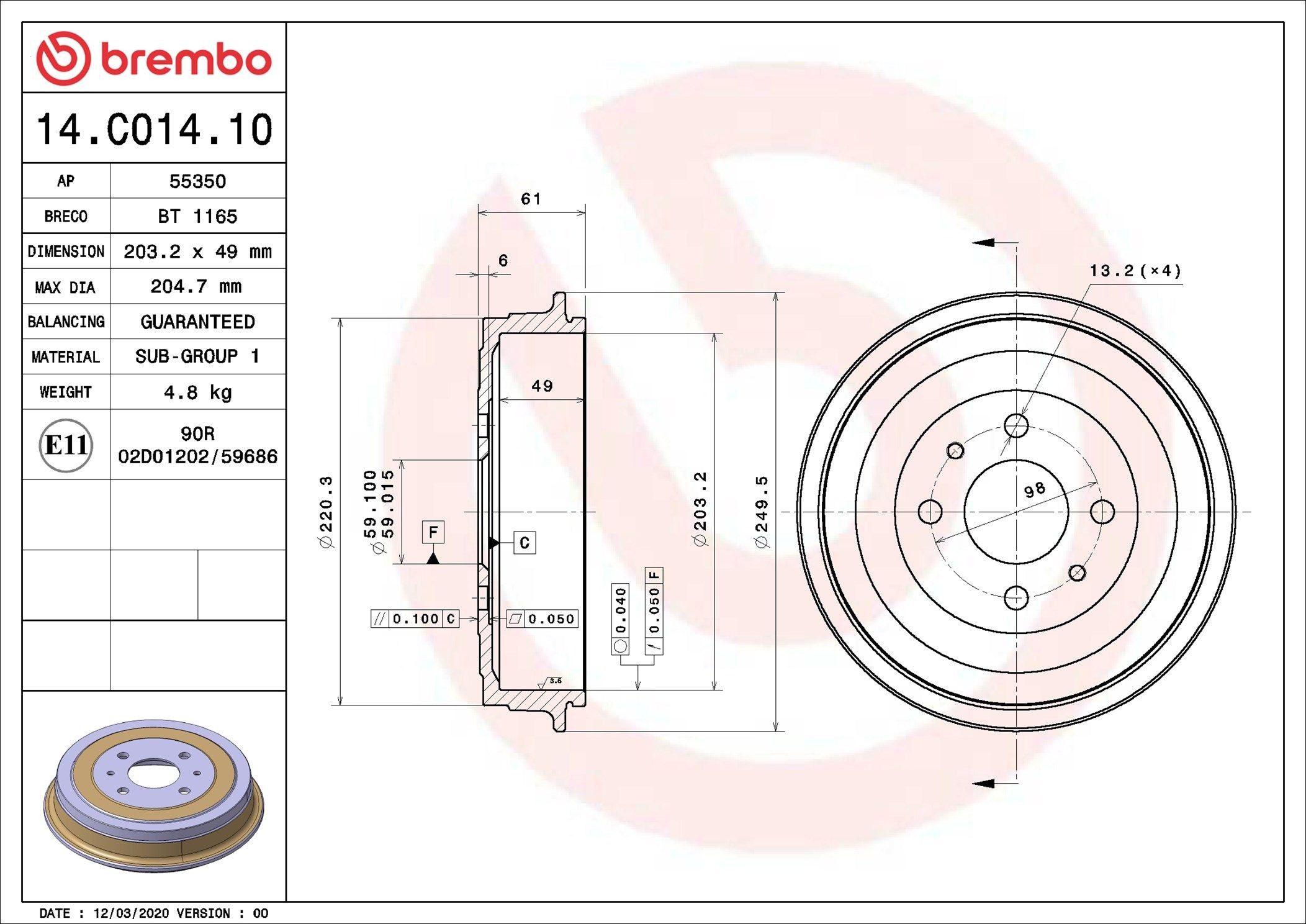 Барабан гальмівний задній Brembo 14C01410 ціна, від 33.43 USD