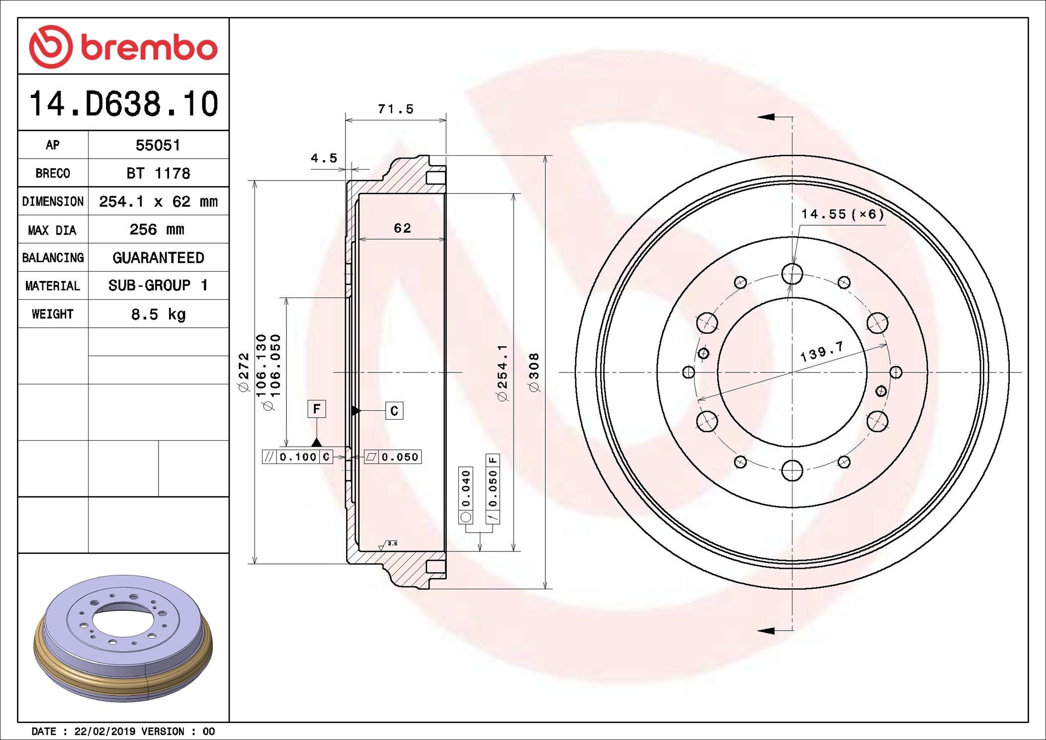 14D63810 Brembo Барабан гальмівний задній