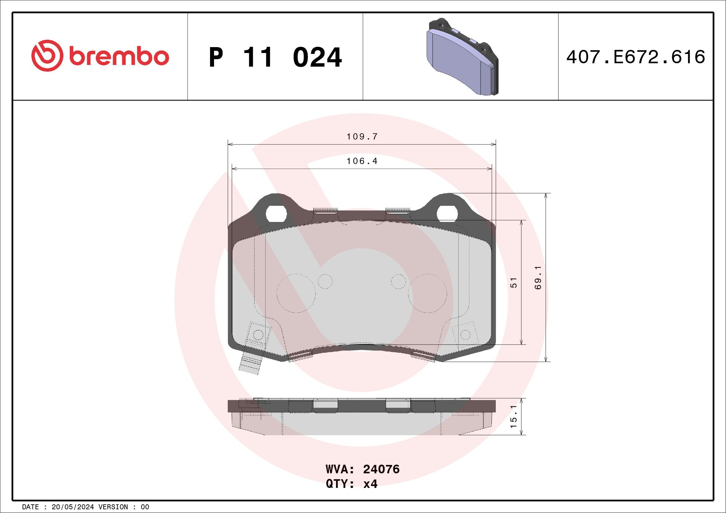 P11024 Brembo Колодки гальмівні задні, дискові