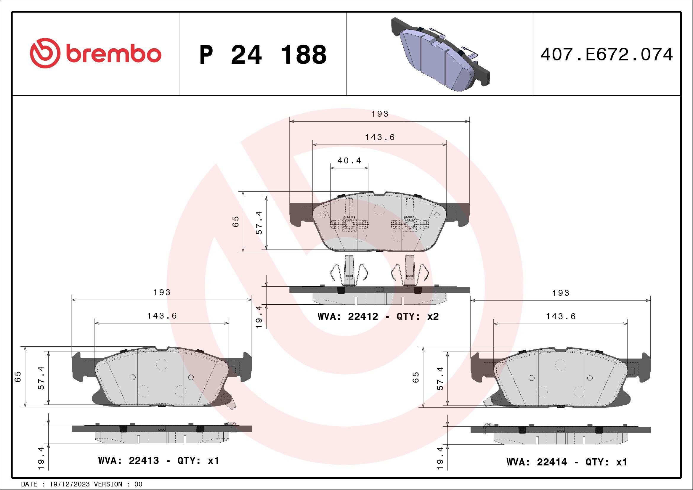Купити P24188 Brembo Колодки гальмівні передні, дискові