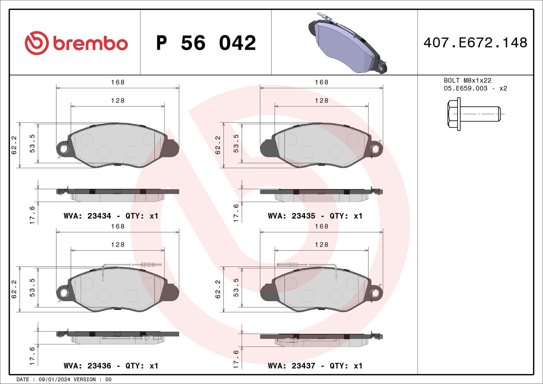 Купити P56042 Brembo Колодки гальмівні передні, дискові
