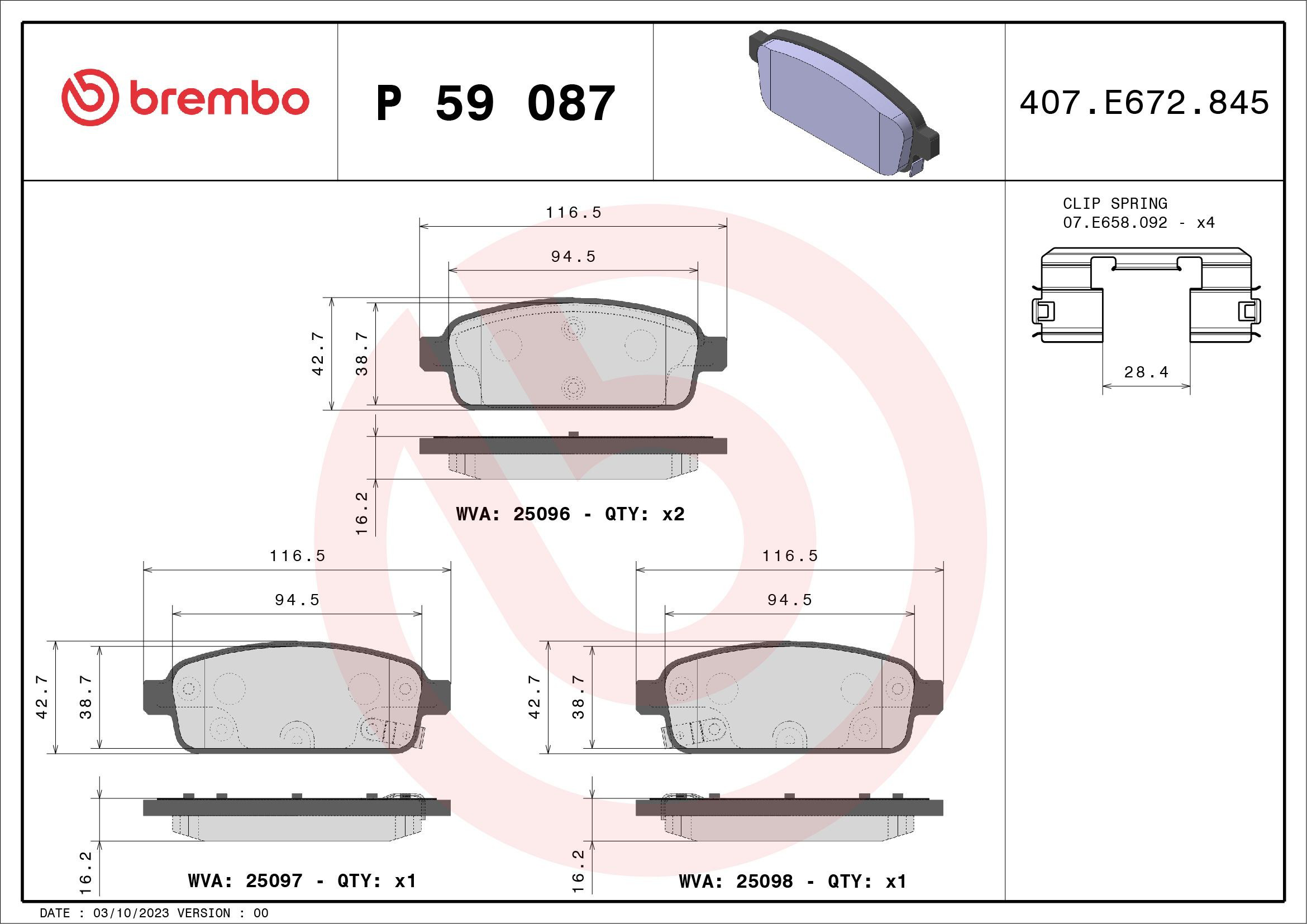 P59087 Brembo Колодки гальмівні задні, дискові