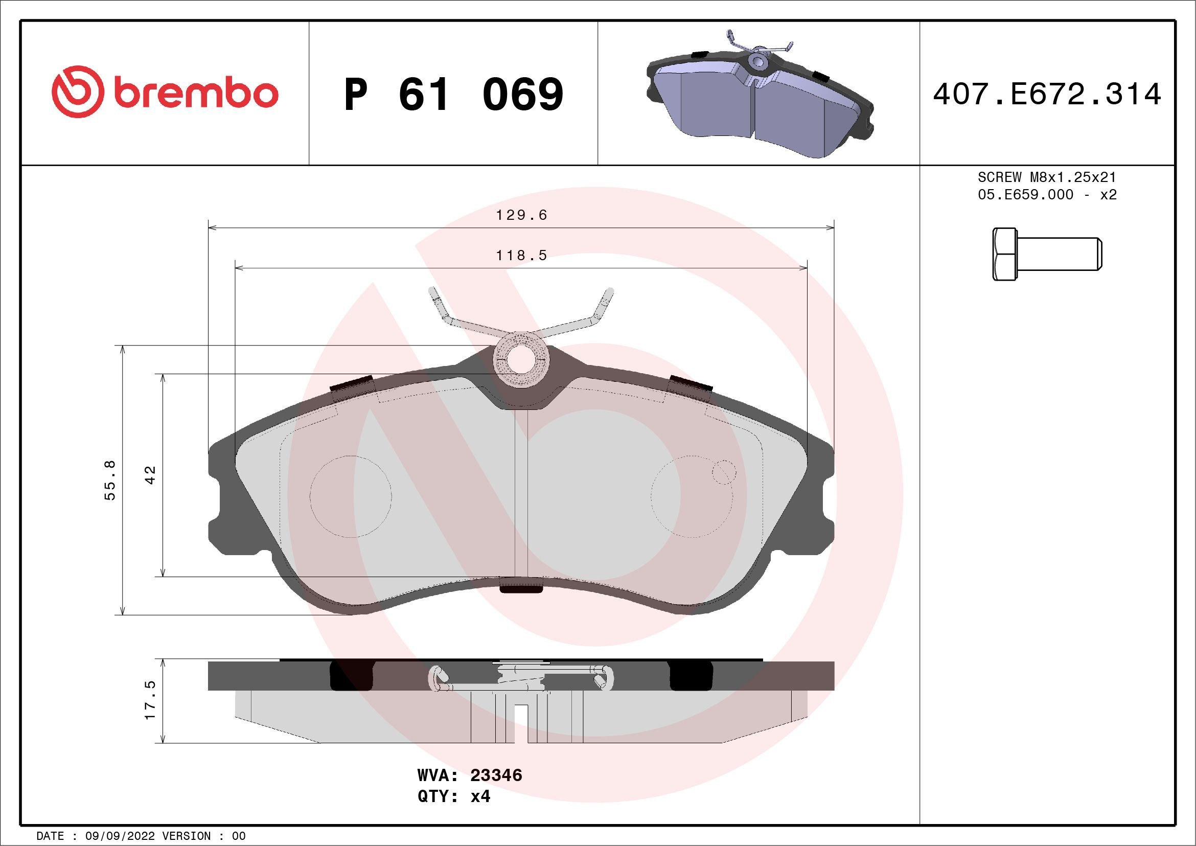 Купити P61069 Brembo Колодки гальмівні передні, дискові