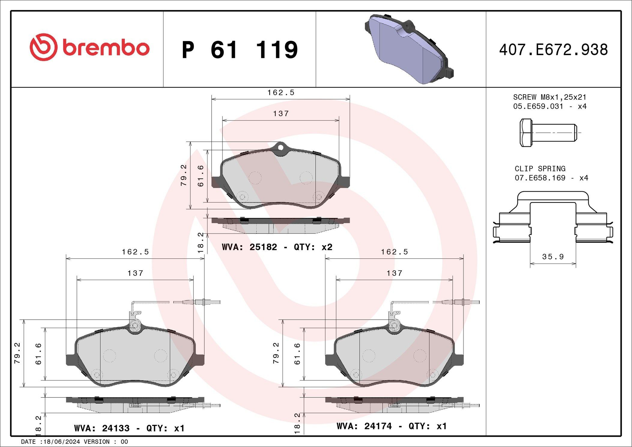 Купити P61119 Brembo Колодки гальмівні передні, дискові