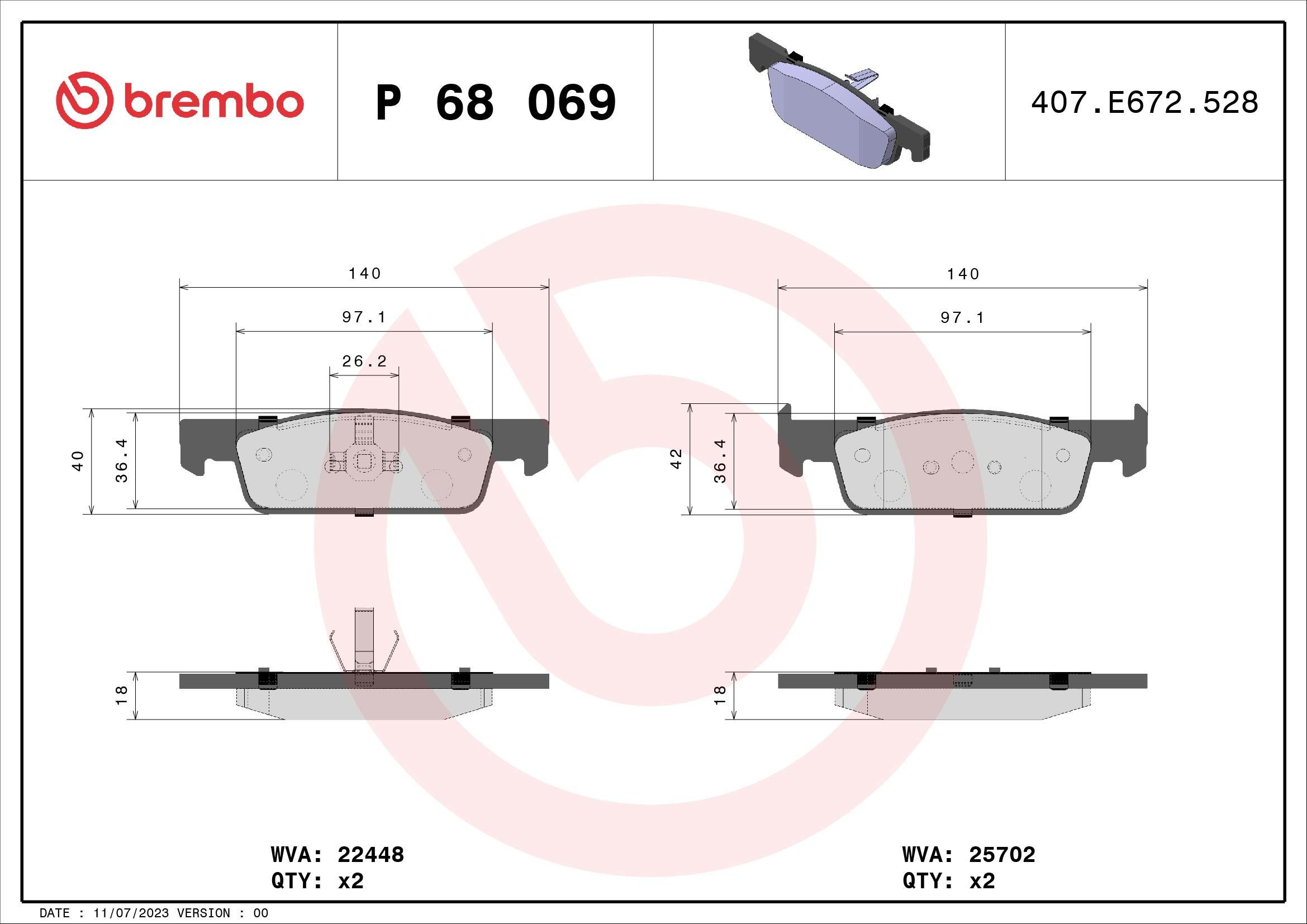 Купити P68069 Brembo Колодки гальмівні передні, дискові