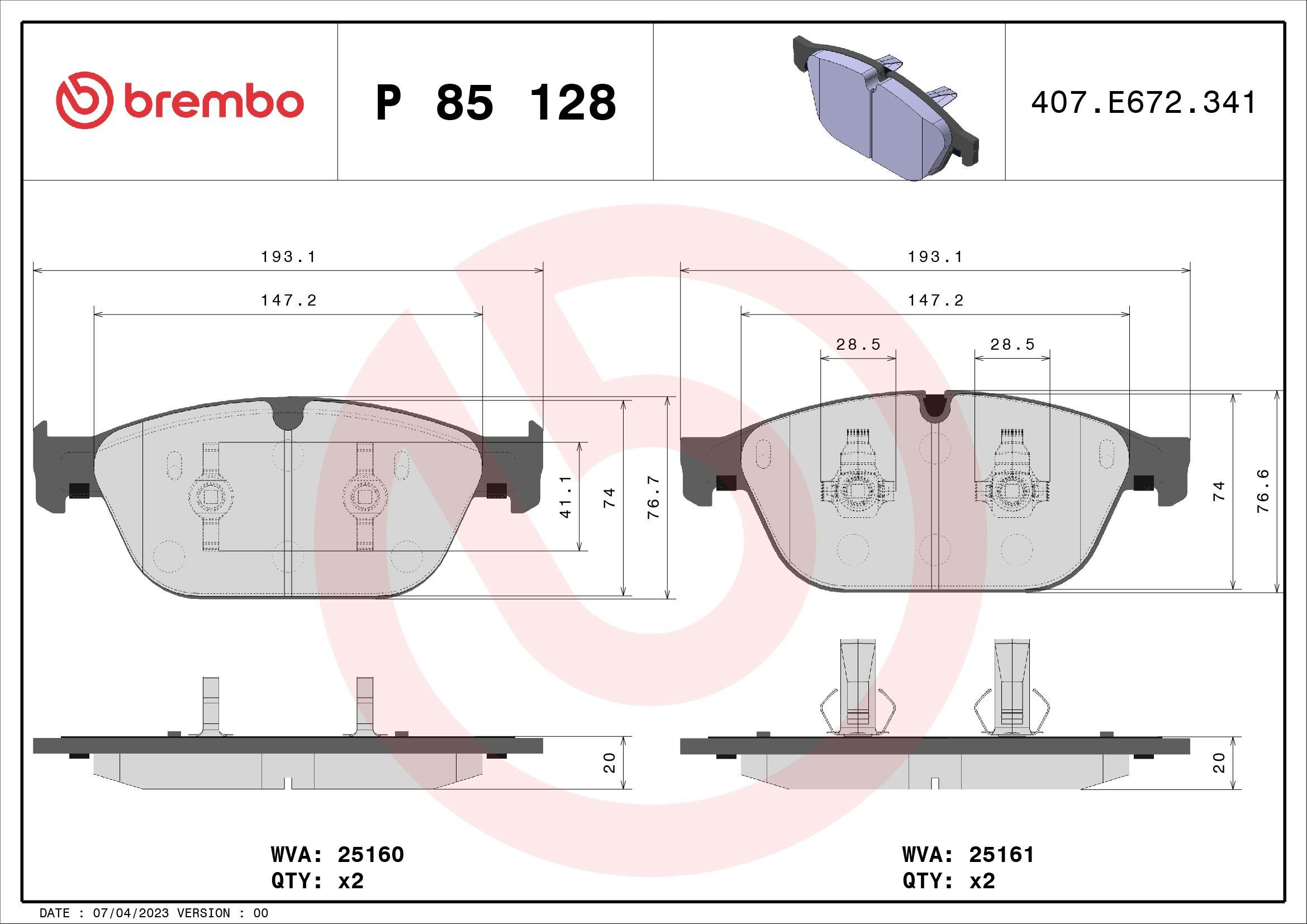Купити P85128 Brembo Колодки гальмівні передні, дискові