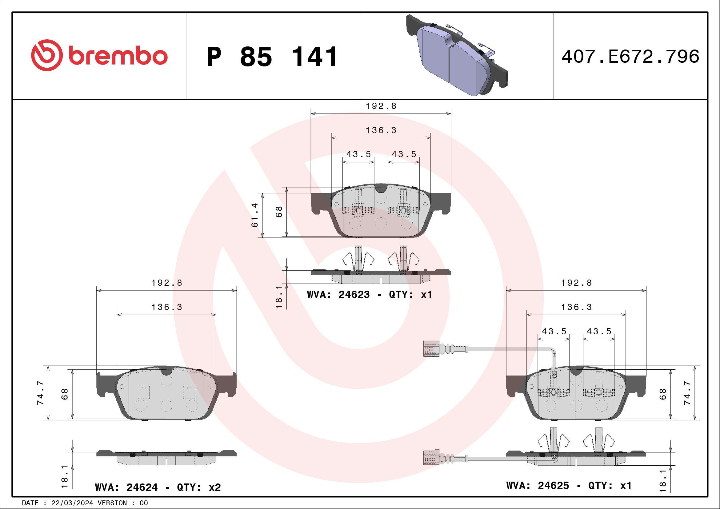 Купити P85141 Brembo Колодки гальмівні передні, дискові
