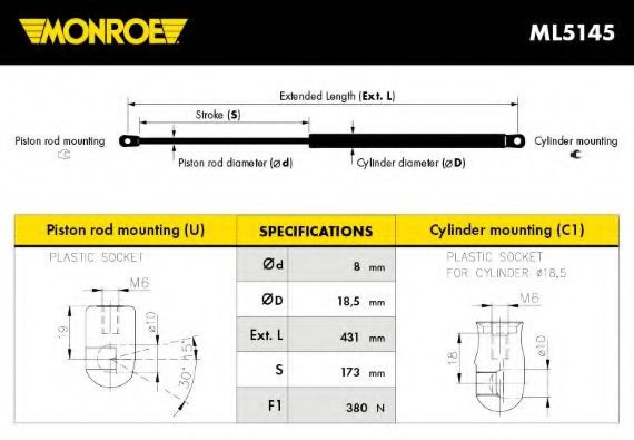 Амортизатор двері задньої Monroe ML5145 ціна, від 10.31 USD