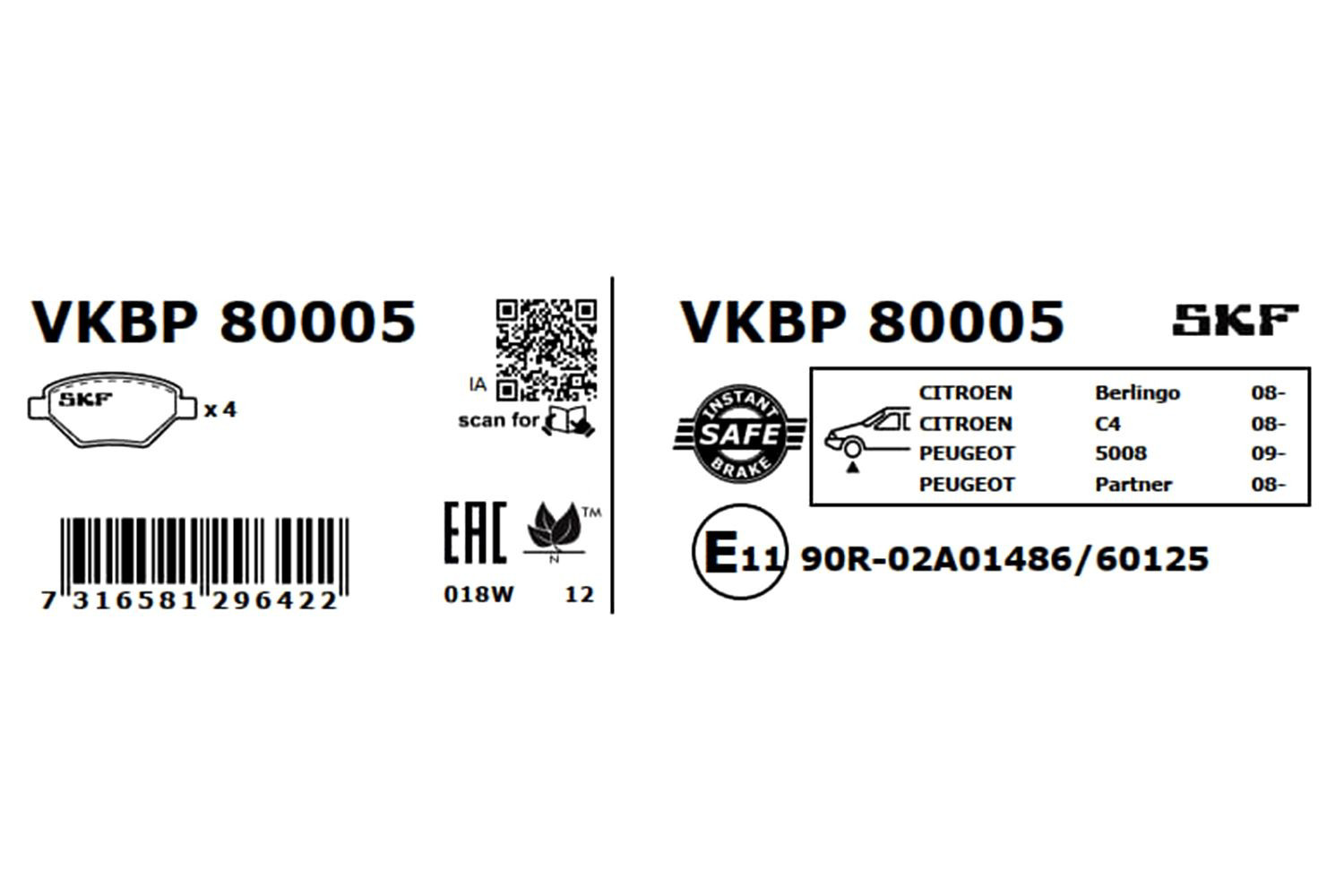 VKBP80005 SKF Передні гальмівні колодки